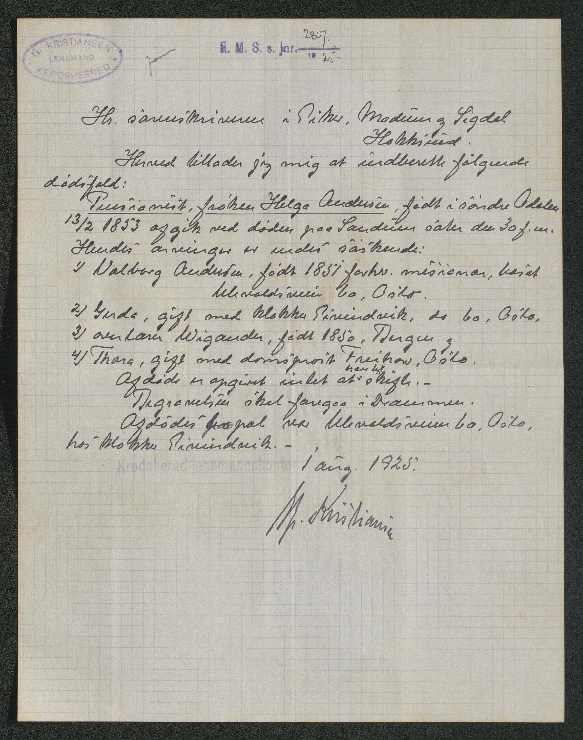 Eiker, Modum og Sigdal sorenskriveri, AV/SAKO-A-123/H/Ha/Hab/L0043: Dødsfallsmeldinger, 1925, s. 396