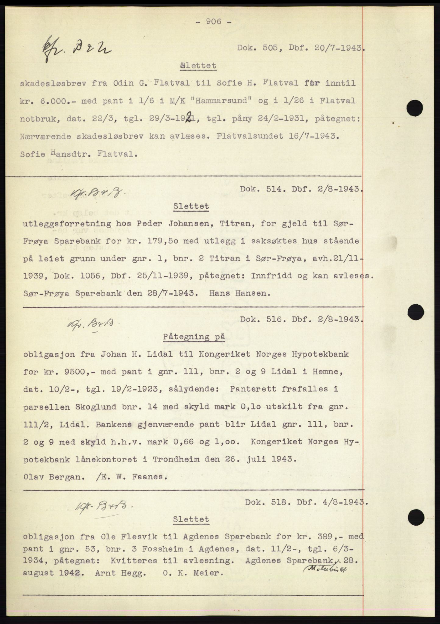 Hitra sorenskriveri, AV/SAT-A-0018/2/2C/2Ca: Pantebok nr. C1, 1936-1945, Dagboknr: 505/1943