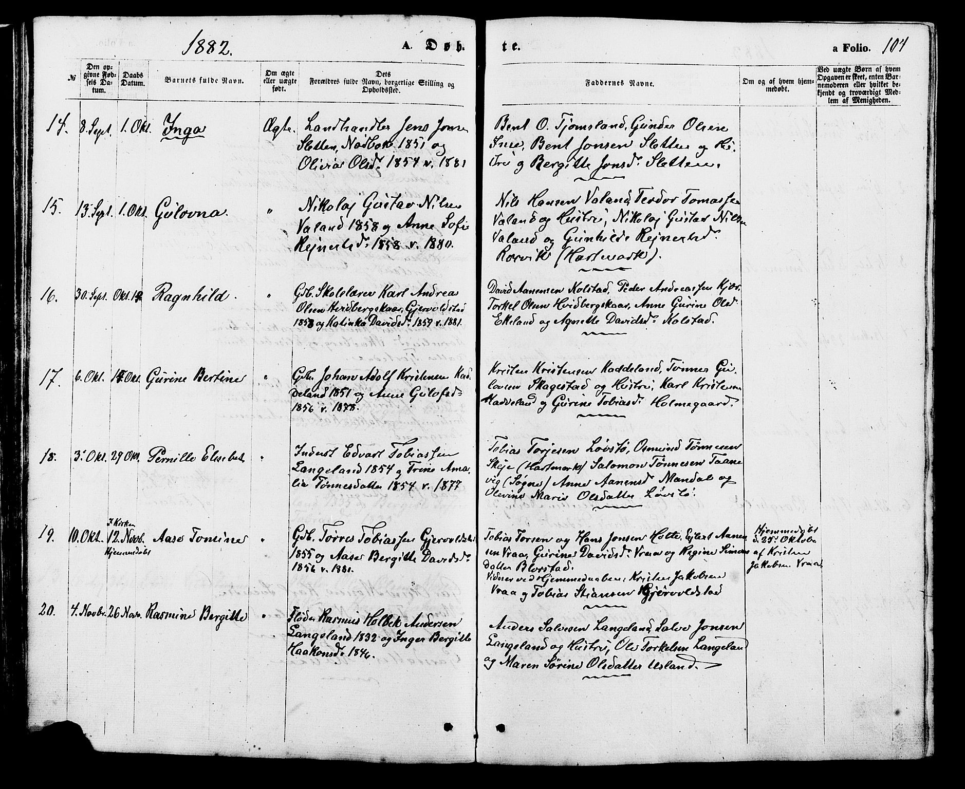 Holum sokneprestkontor, AV/SAK-1111-0022/F/Fb/Fba/L0004: Klokkerbok nr. B 4, 1867-1890, s. 104