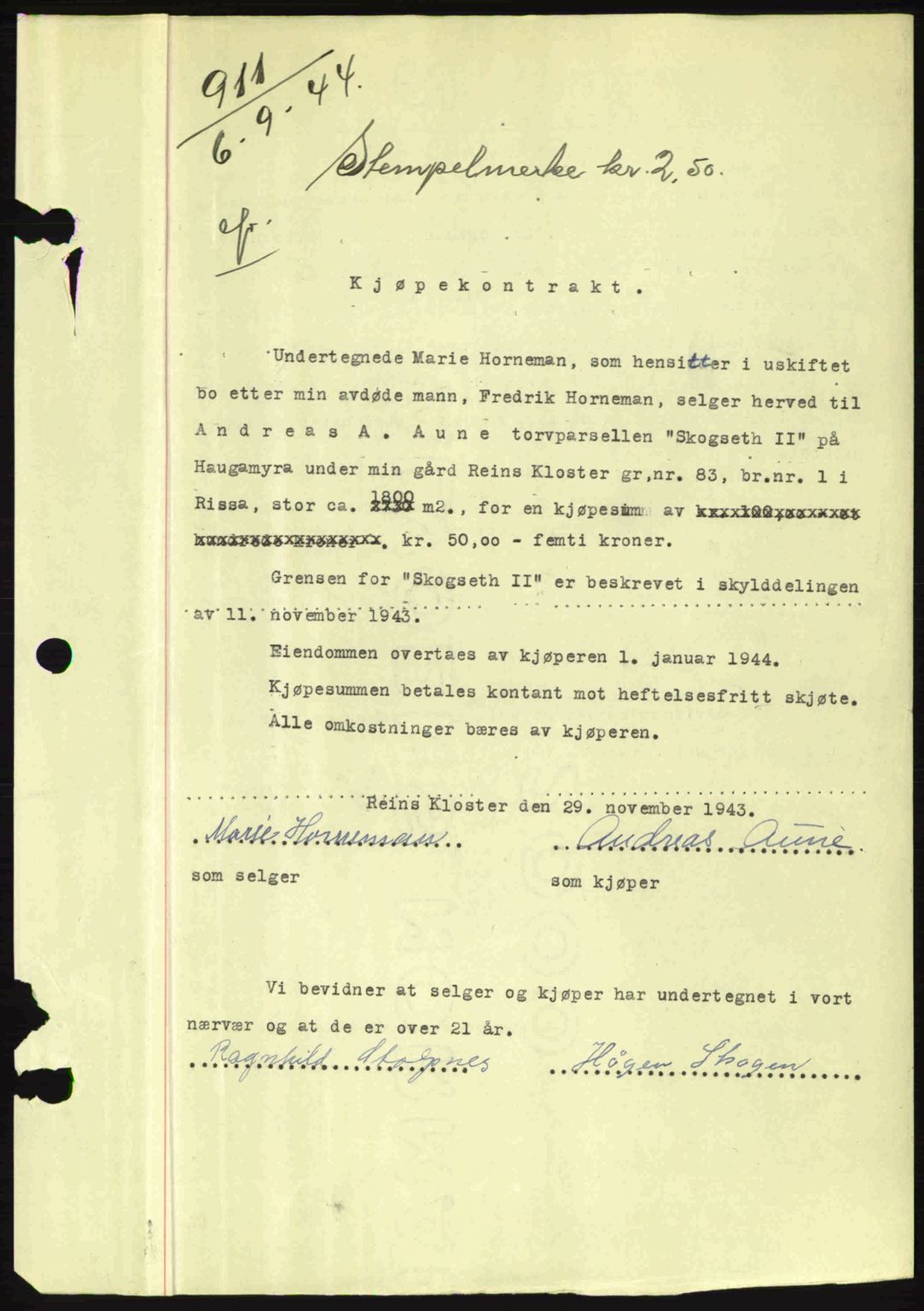 Fosen sorenskriveri, AV/SAT-A-1107/1/2/2C: Pantebok nr. A3, 1943-1945, Dagboknr: 911/1944