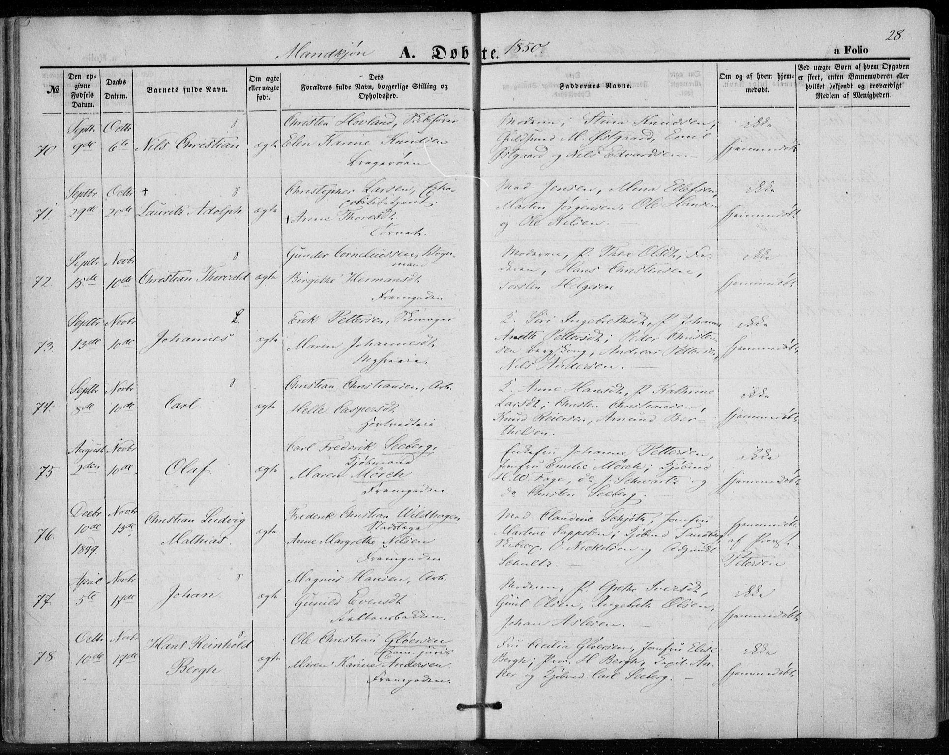 Bragernes kirkebøker, AV/SAKO-A-6/F/Fb/L0002: Ministerialbok nr. II 2, 1848-1859, s. 28
