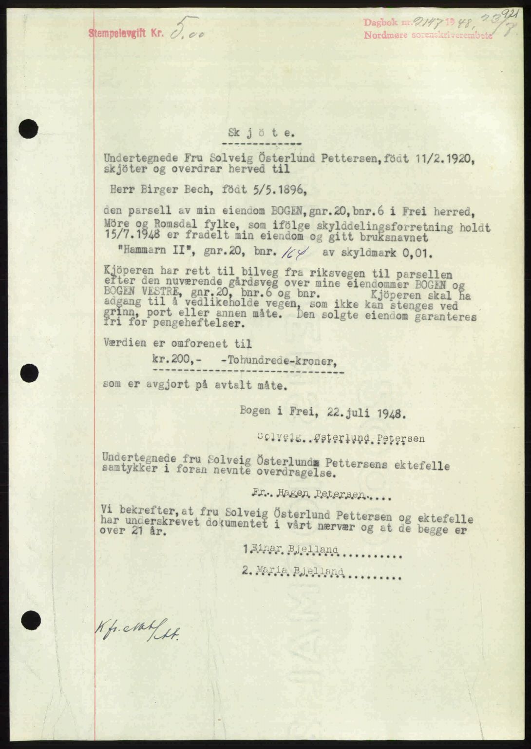 Nordmøre sorenskriveri, SAT/A-4132/1/2/2Ca: Pantebok nr. A108, 1948-1948, Dagboknr: 2147/1948