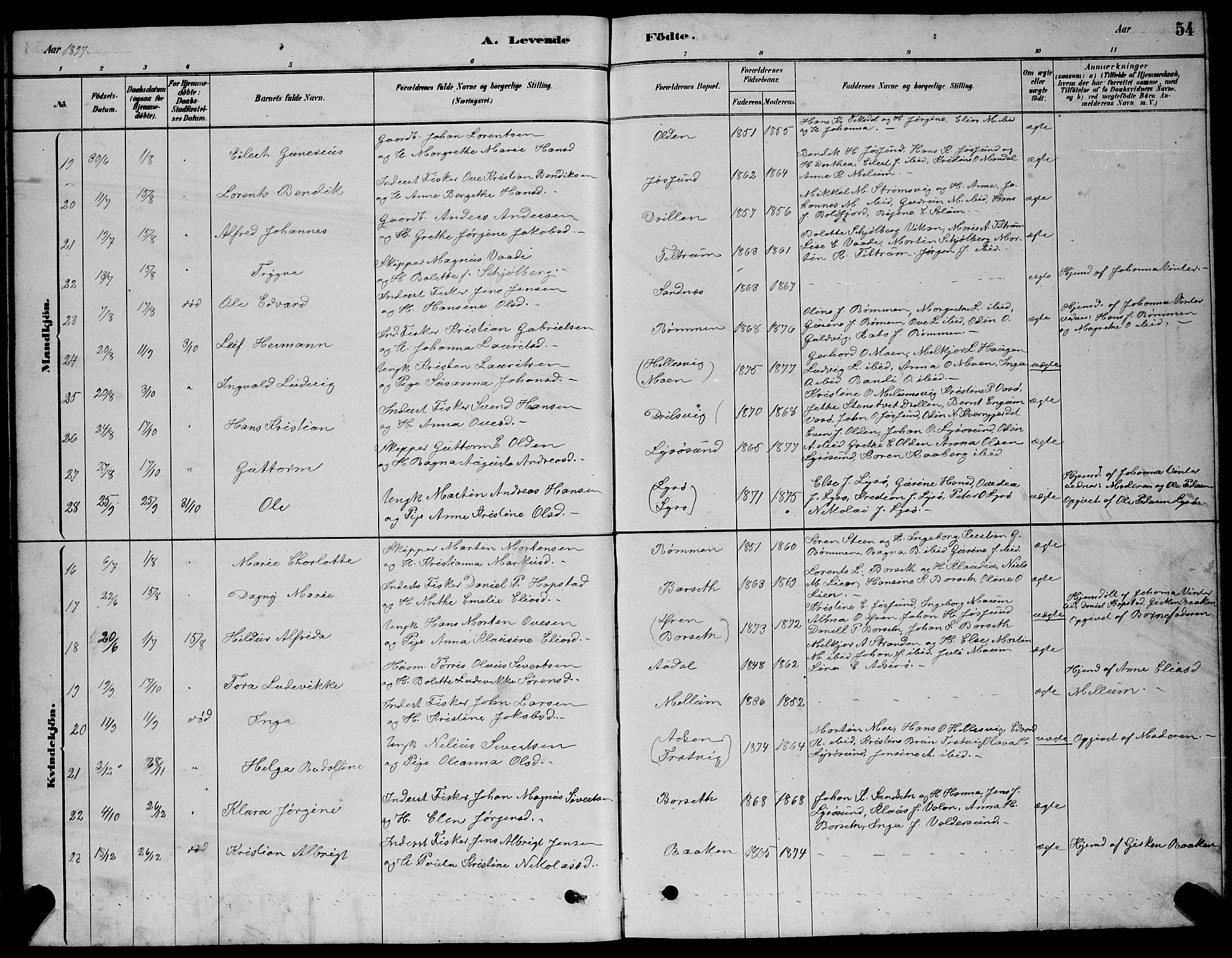 Ministerialprotokoller, klokkerbøker og fødselsregistre - Sør-Trøndelag, SAT/A-1456/654/L0665: Klokkerbok nr. 654C01, 1879-1901, s. 54