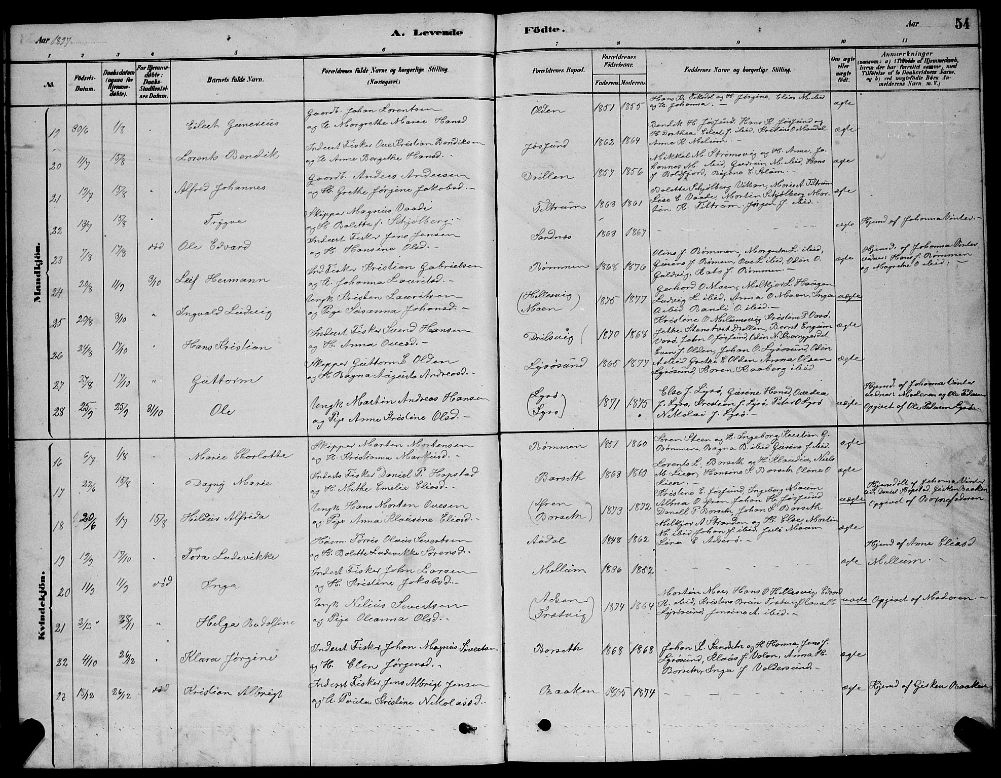 Ministerialprotokoller, klokkerbøker og fødselsregistre - Sør-Trøndelag, AV/SAT-A-1456/654/L0665: Klokkerbok nr. 654C01, 1879-1901, s. 54