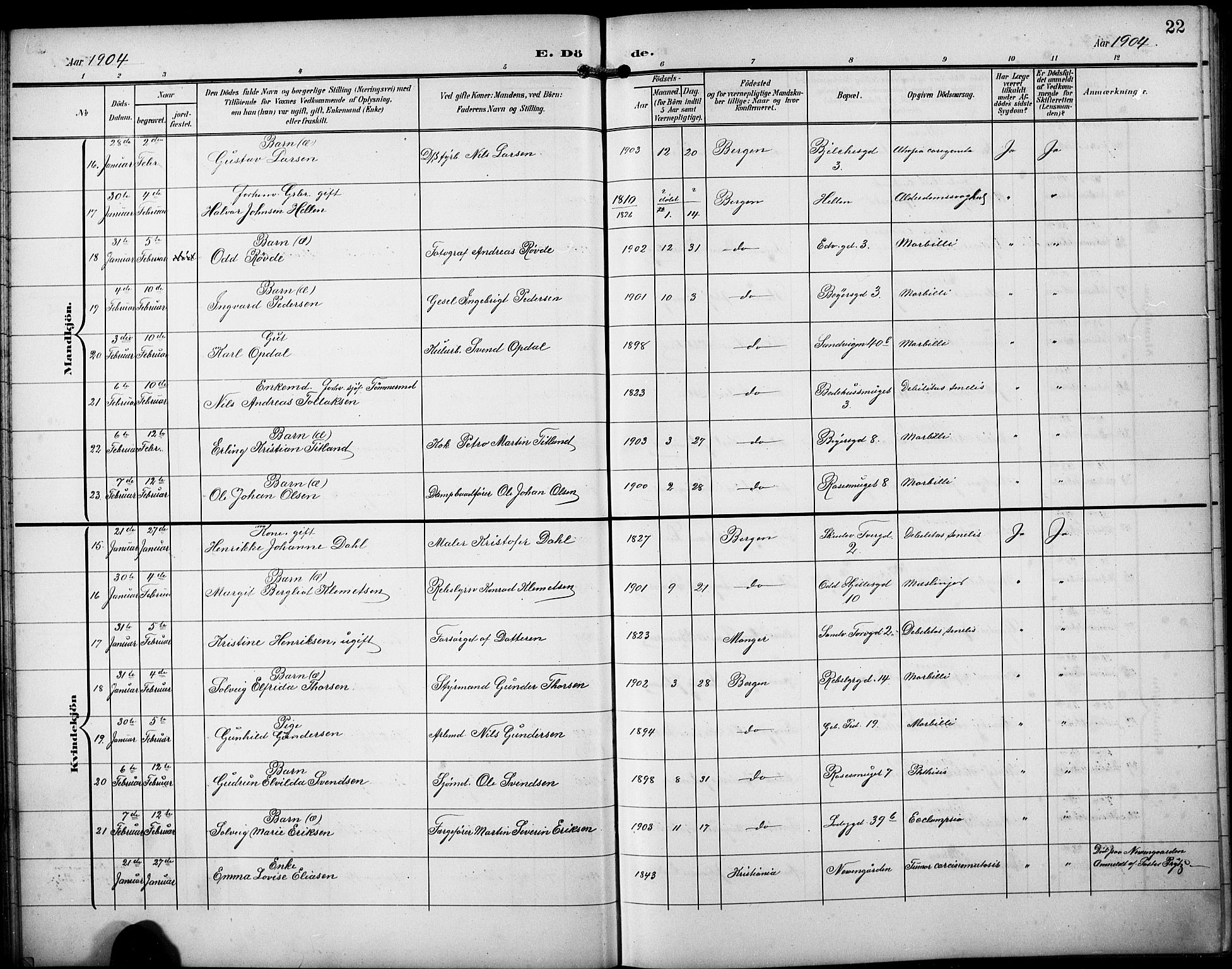 Sandviken Sokneprestembete, AV/SAB-A-77601/H/Hb/L0017: Klokkerbok nr. E 1, 1903-1926, s. 22