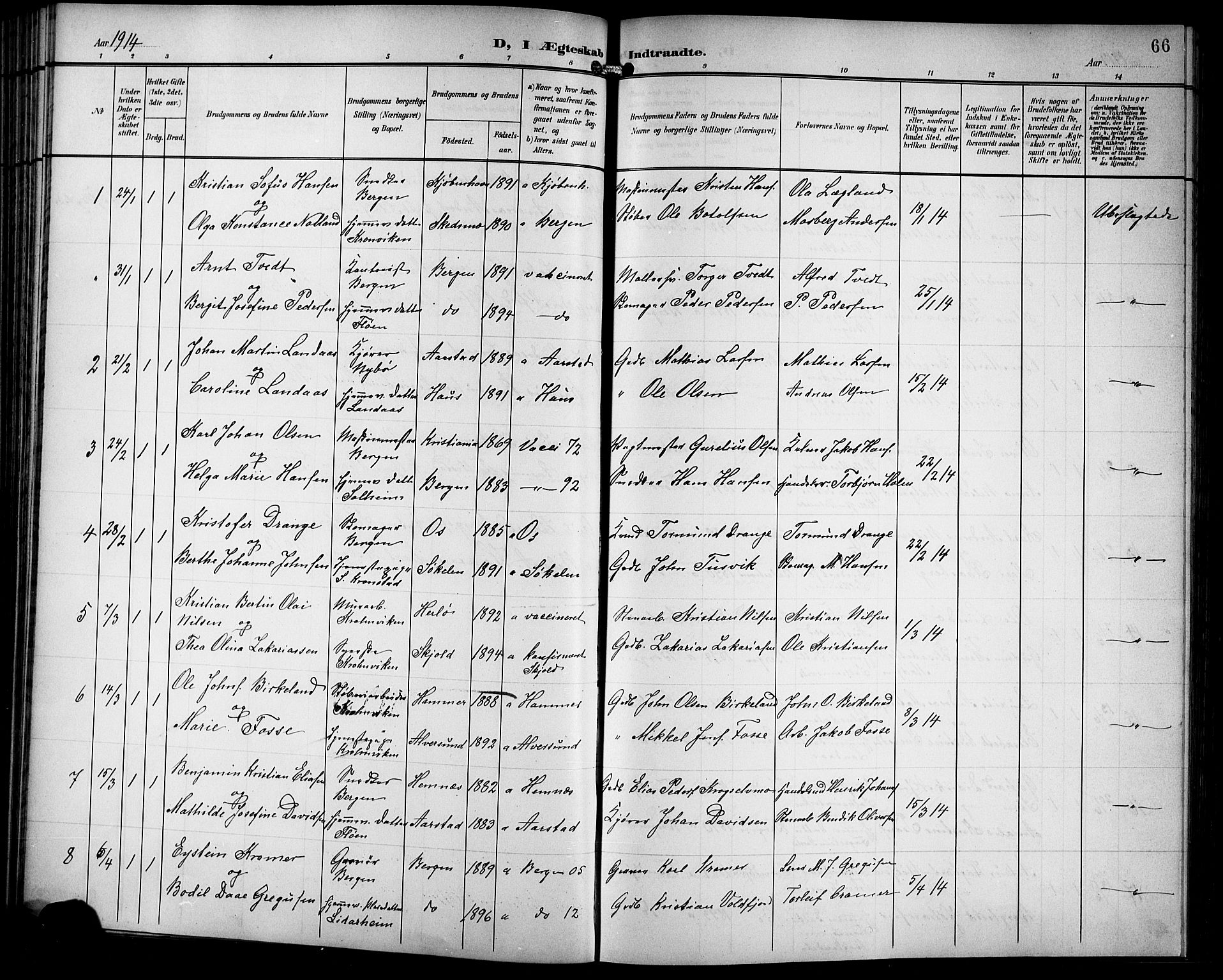 Årstad Sokneprestembete, AV/SAB-A-79301/H/Hab/L0018: Klokkerbok nr. C 1, 1902-1919, s. 66