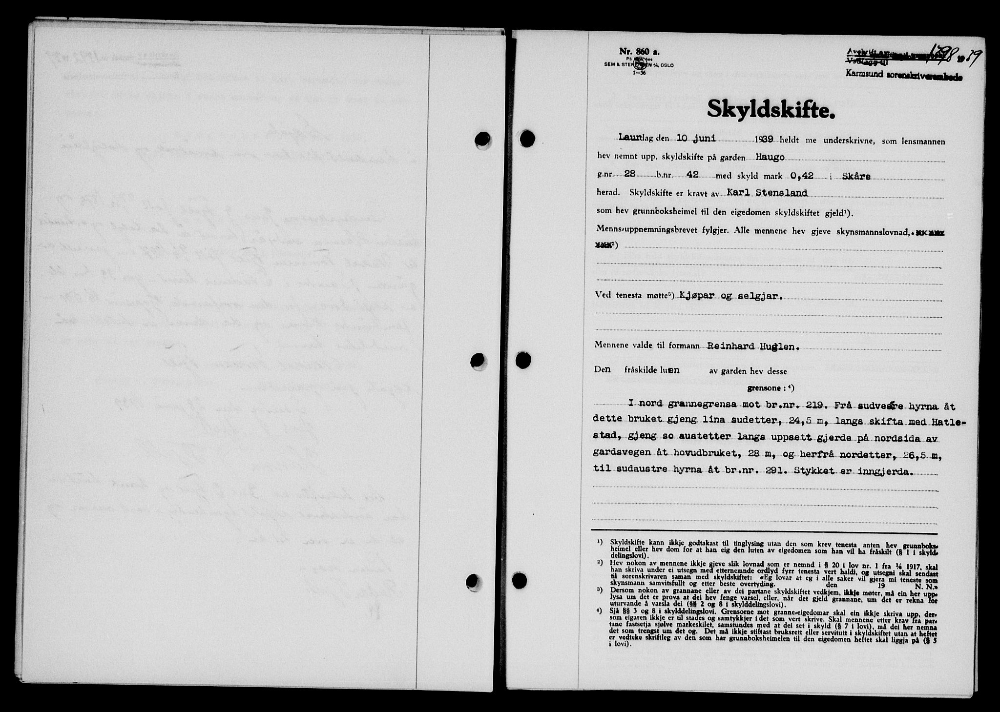 Karmsund sorenskriveri, SAST/A-100311/01/II/IIB/L0071: Pantebok nr. 52A, 1939-1939, Dagboknr: 1398/1939