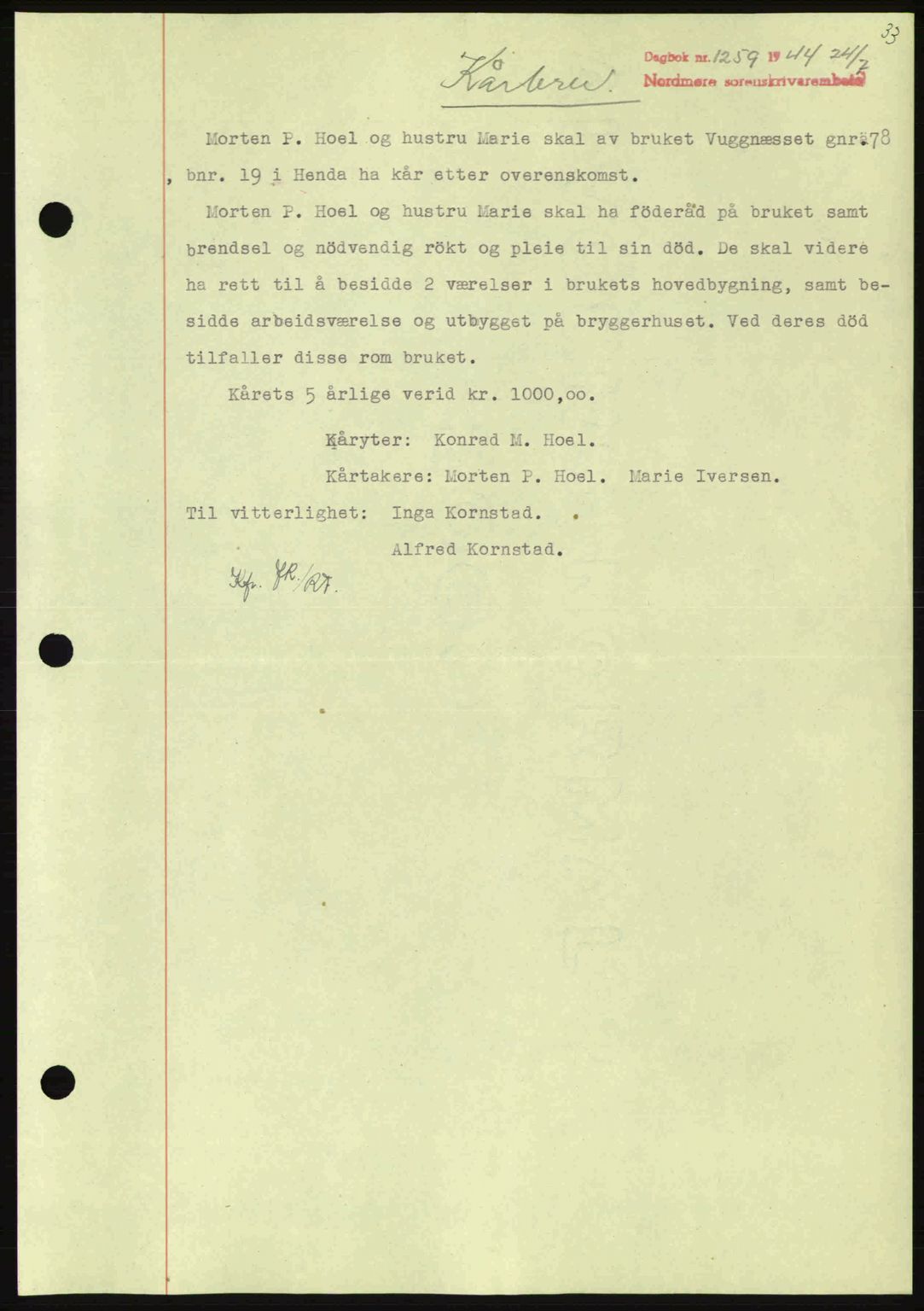 Nordmøre sorenskriveri, AV/SAT-A-4132/1/2/2Ca: Pantebok nr. B92, 1944-1945, Dagboknr: 1259/1944
