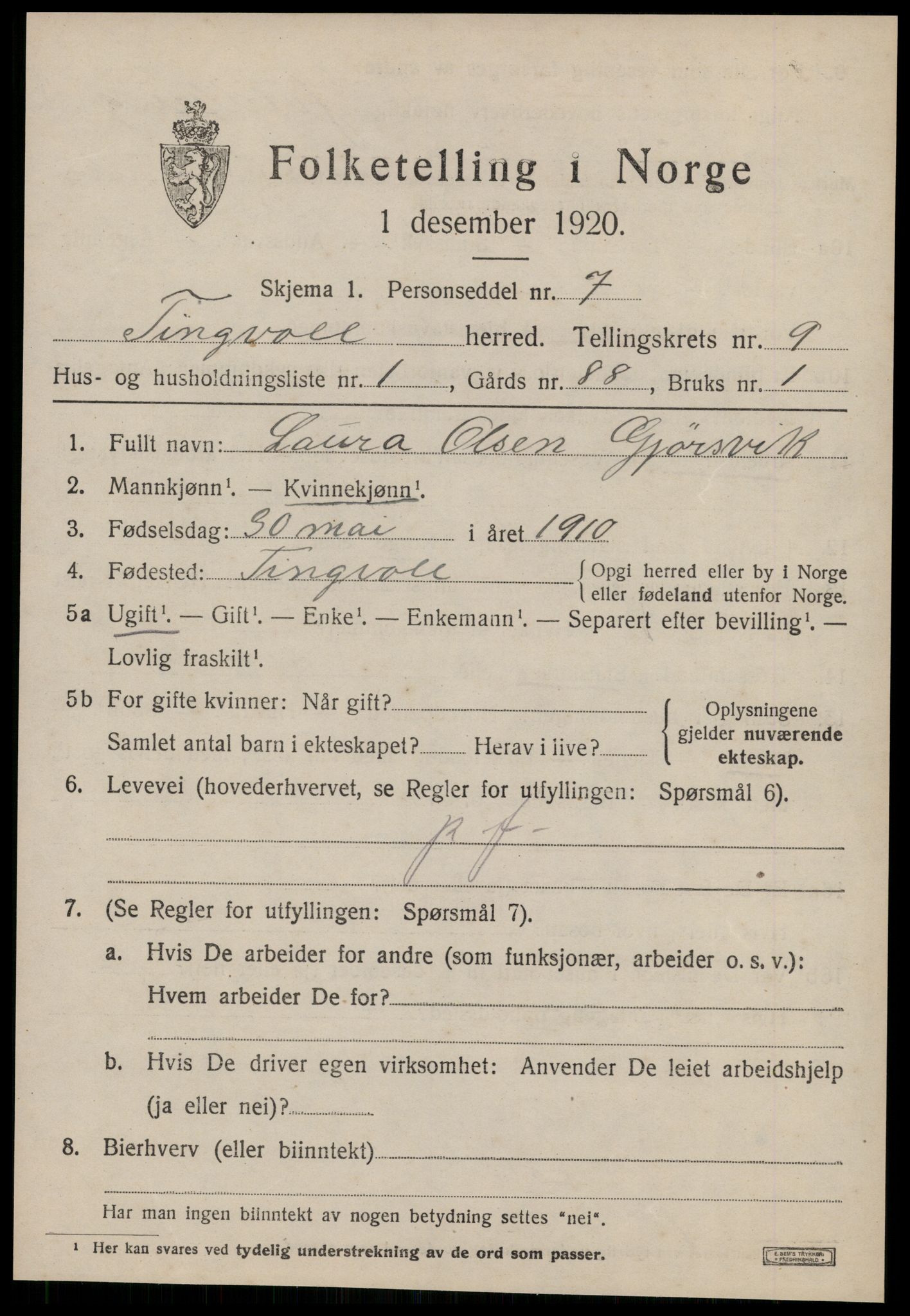 SAT, Folketelling 1920 for 1560 Tingvoll herred, 1920, s. 5106