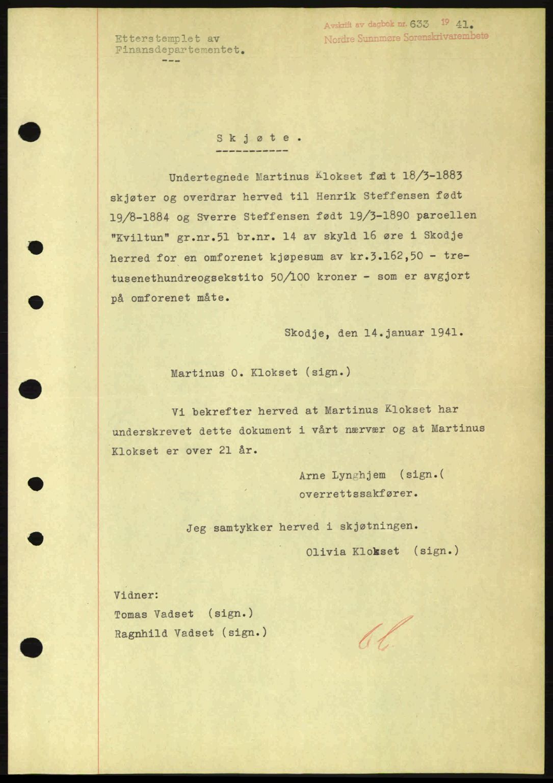 Nordre Sunnmøre sorenskriveri, SAT/A-0006/1/2/2C/2Ca: Pantebok nr. A10, 1940-1941, Dagboknr: 633/1941