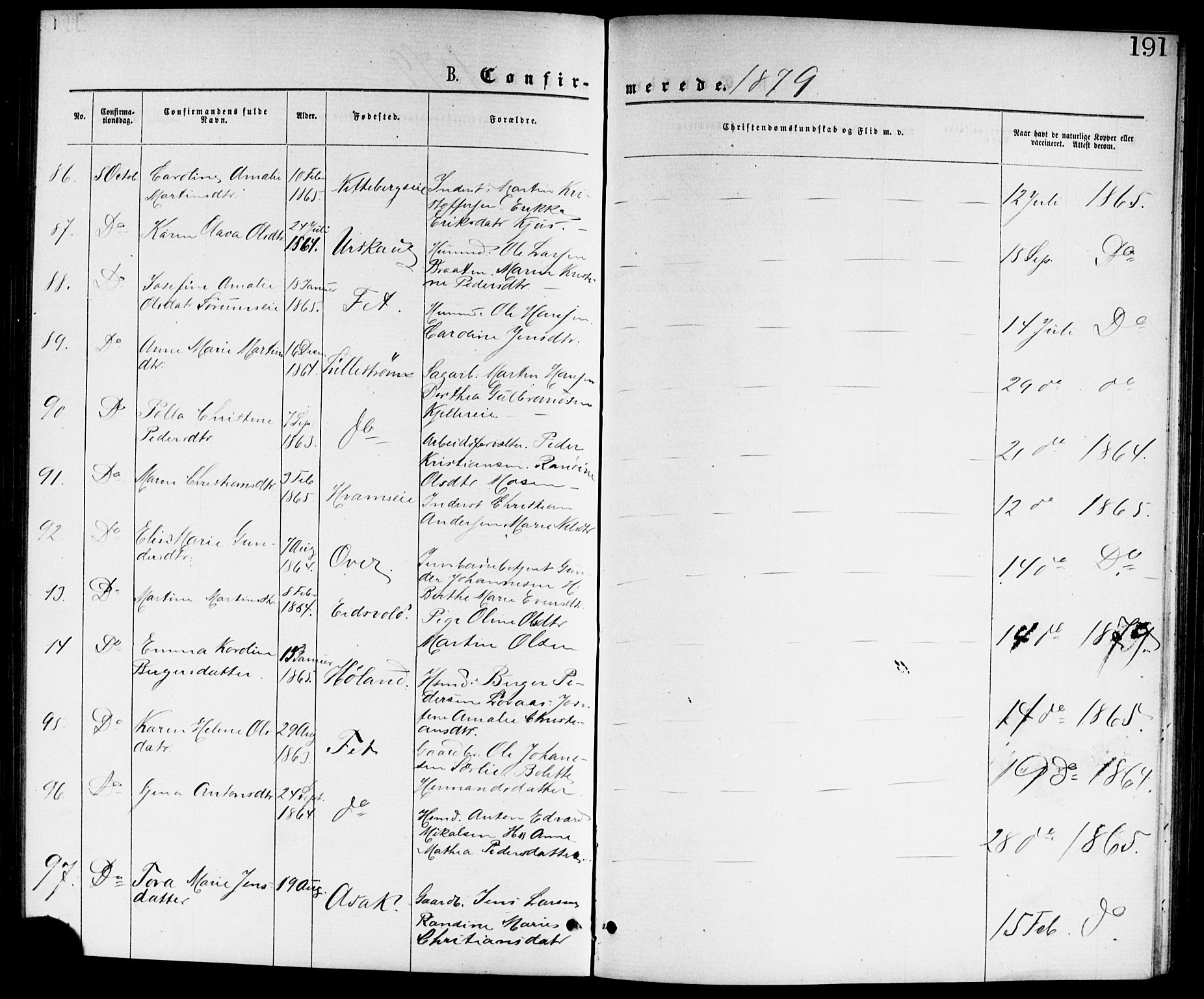Skedsmo prestekontor Kirkebøker, AV/SAO-A-10033a/G/Ga/L0003: Klokkerbok nr. I 3, 1873-1882, s. 191