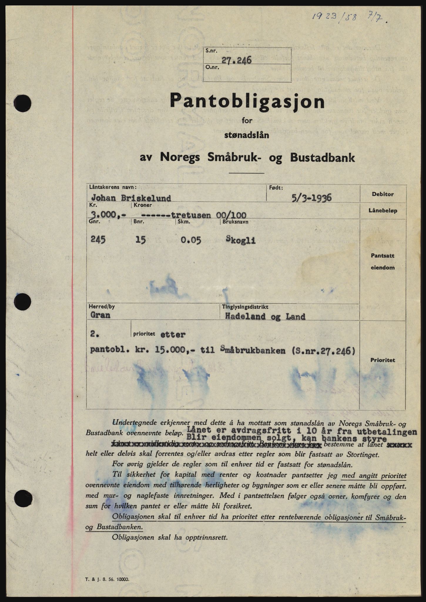 Hadeland og Land tingrett, SAH/TING-010/H/Hb/Hbc/L0038: Pantebok nr. B38, 1958-1958, Dagboknr: 1923/1958