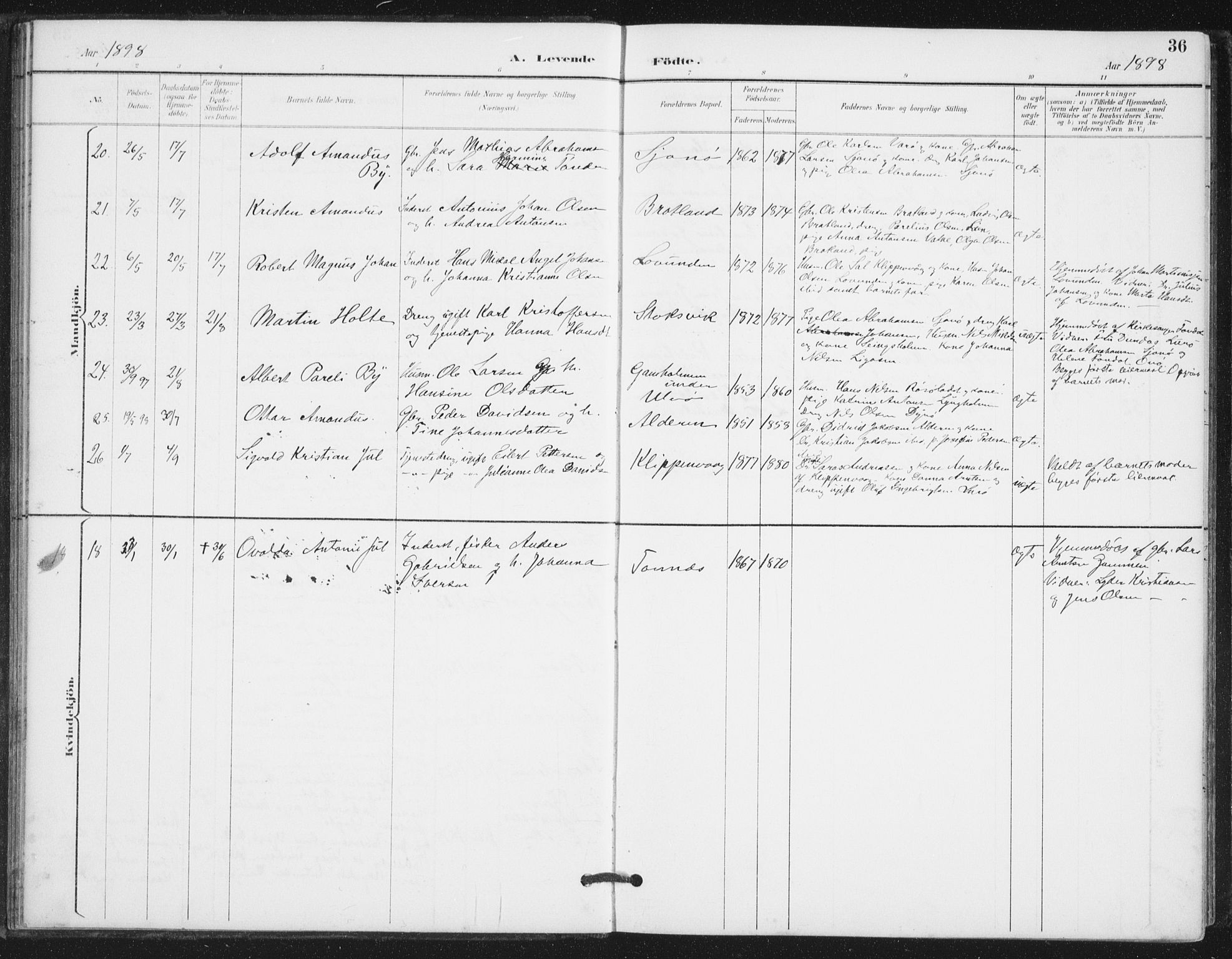 Ministerialprotokoller, klokkerbøker og fødselsregistre - Nordland, AV/SAT-A-1459/839/L0573: Klokkerbok nr. 839C03, 1892-1917, s. 36