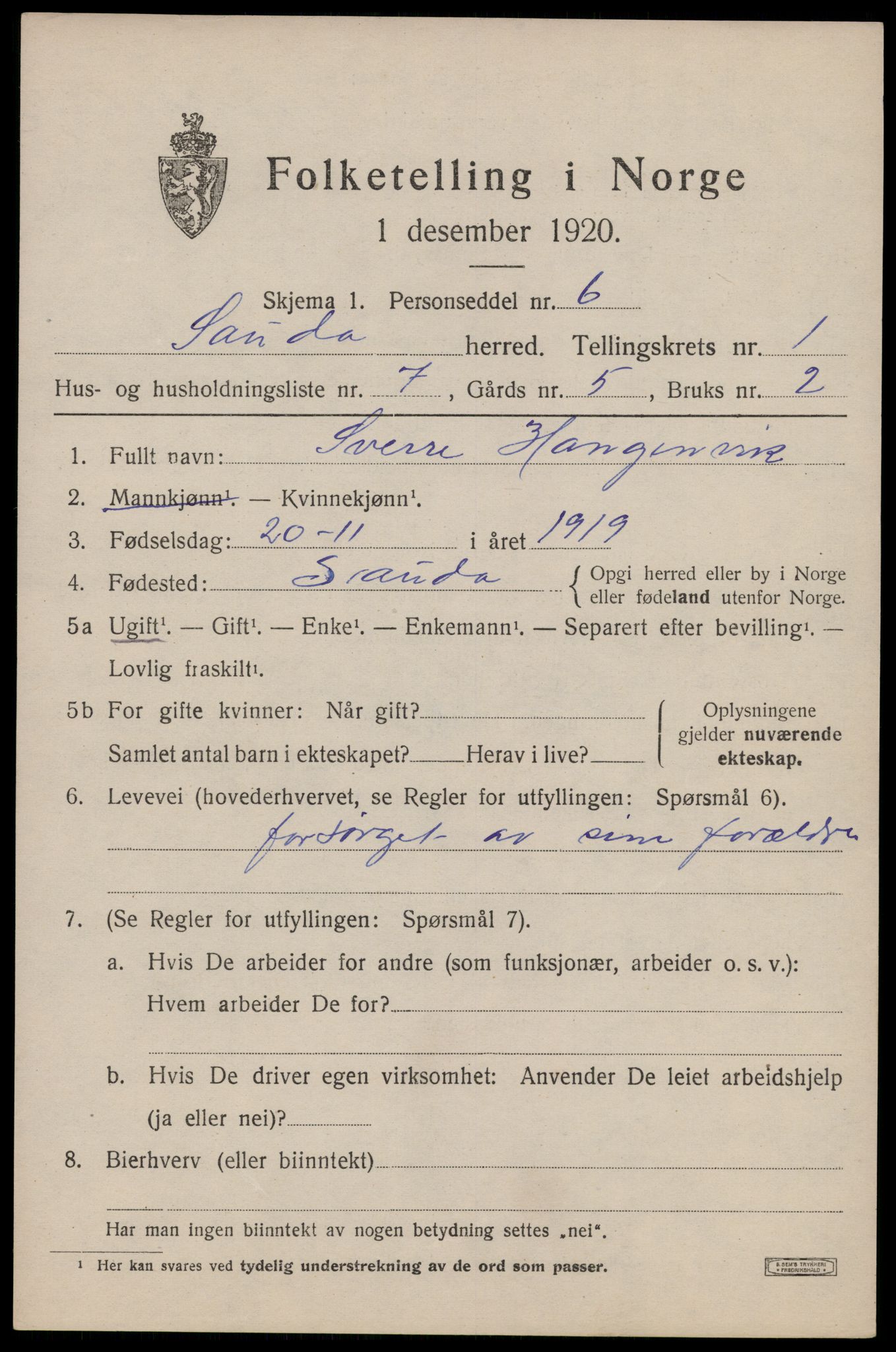 SAST, Folketelling 1920 for 1135 Sauda herred, 1920, s. 928