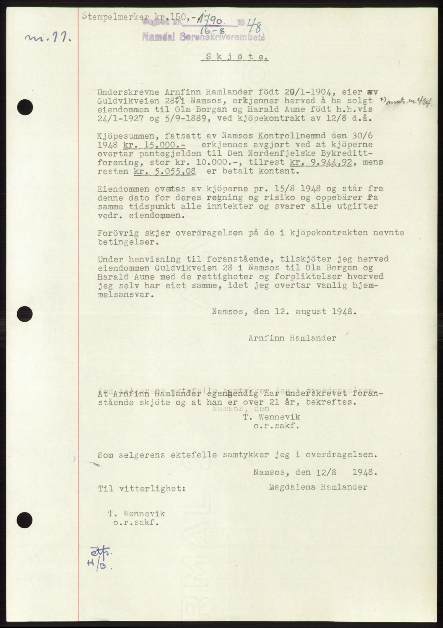 Namdal sorenskriveri, SAT/A-4133/1/2/2C: Pantebok nr. -, 1948-1948, Dagboknr: 1790/1948