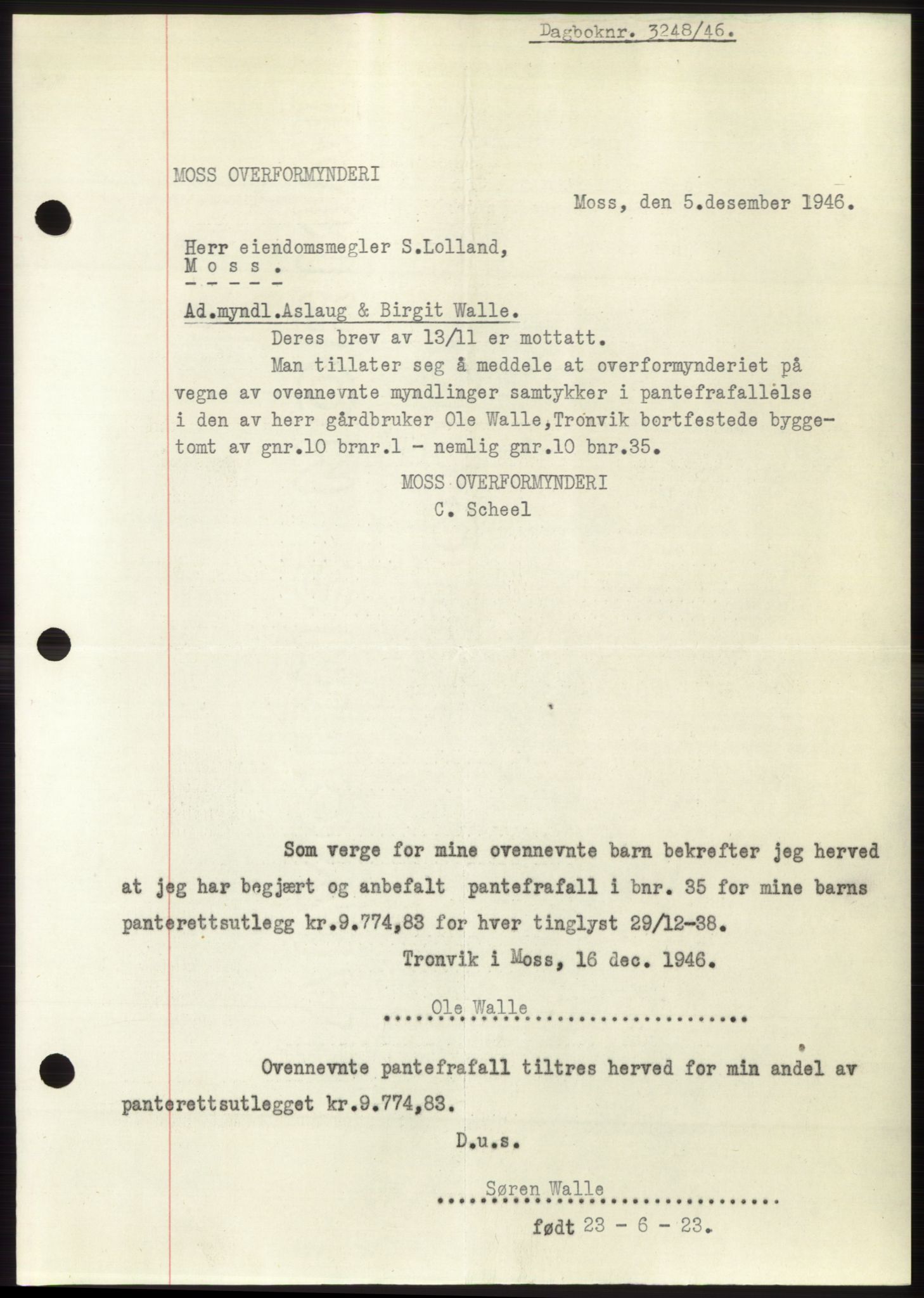 Moss sorenskriveri, SAO/A-10168: Pantebok nr. B16, 1946-1947, Dagboknr: 3248/1946