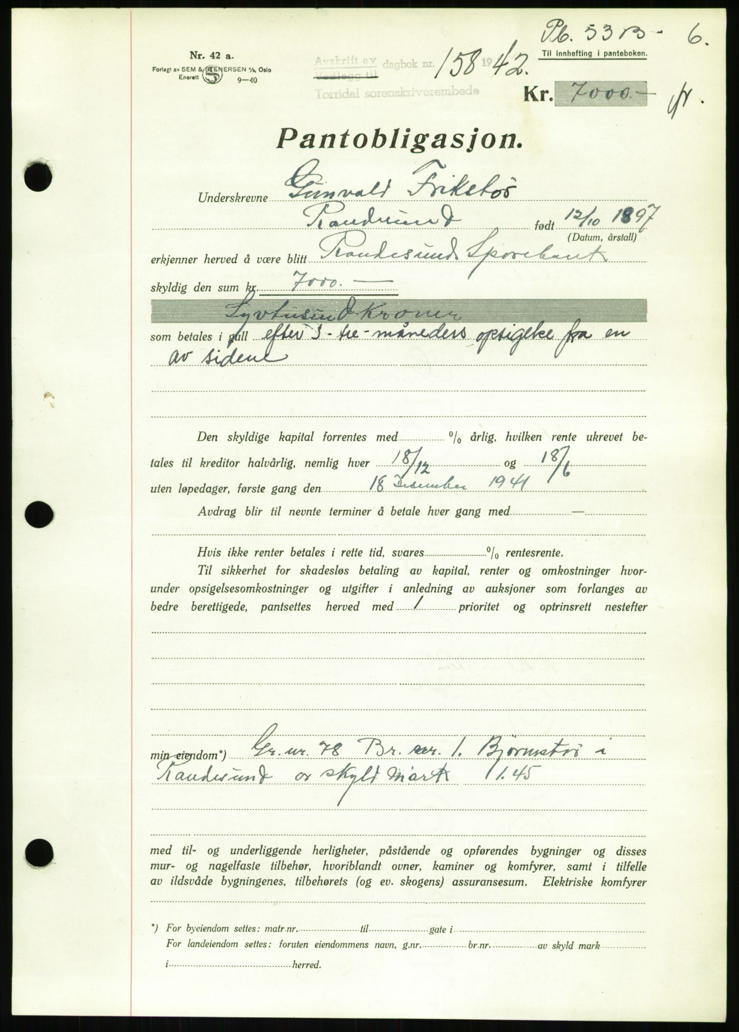 Torridal sorenskriveri, SAK/1221-0012/G/Gb/Gbb/L0009: Pantebok nr. 53b, 1942-1943, Dagboknr: 158/1942