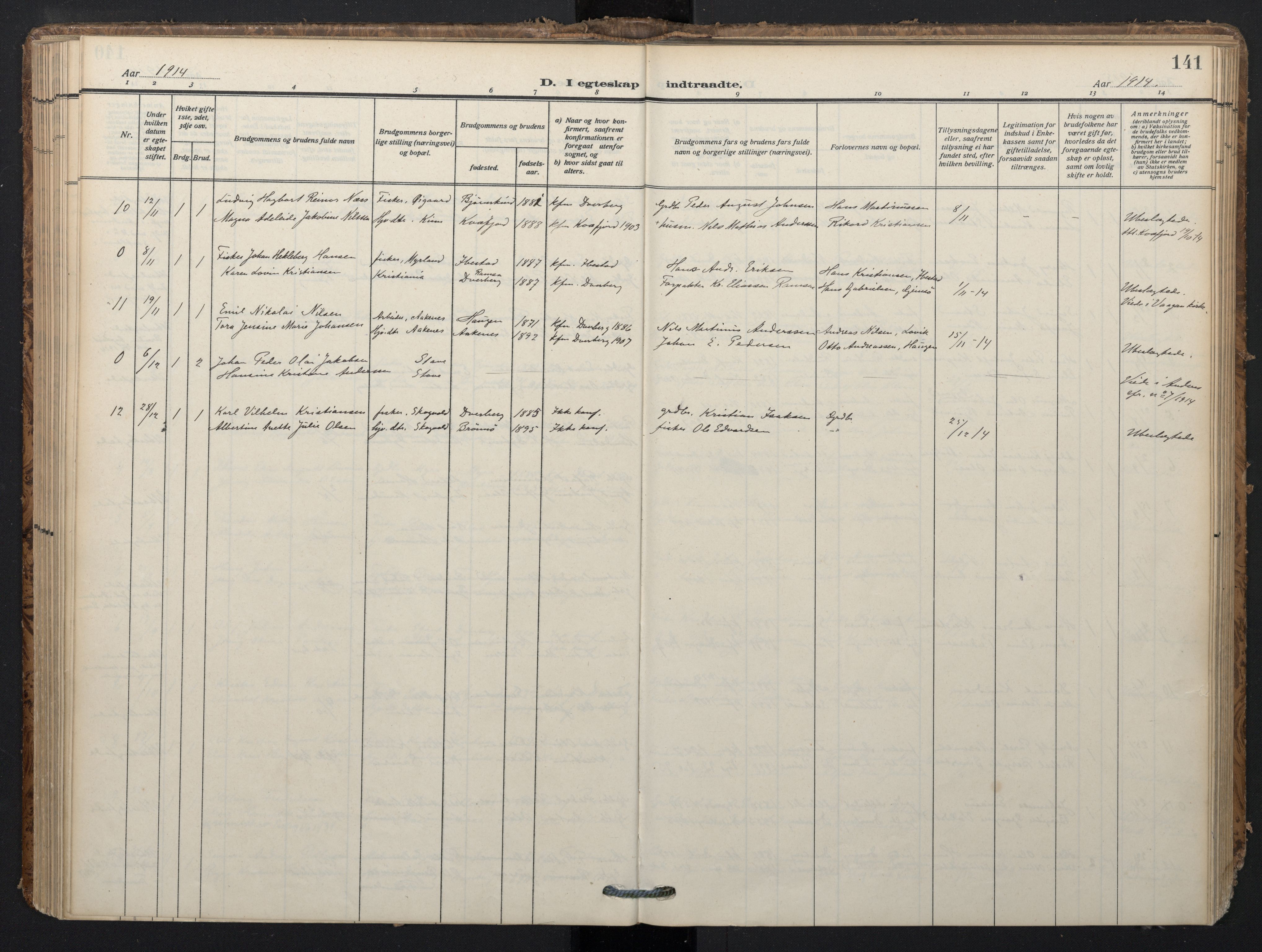 Ministerialprotokoller, klokkerbøker og fødselsregistre - Nordland, AV/SAT-A-1459/897/L1401: Ministerialbok nr. 897A08, 1909-1921, s. 141