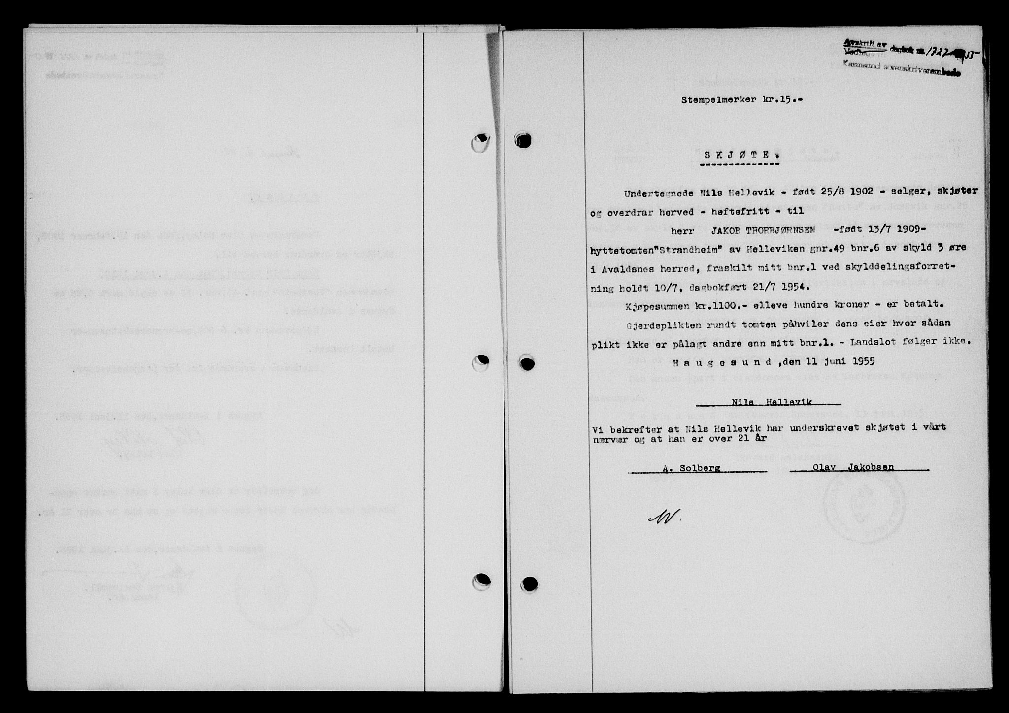 Karmsund sorenskriveri, SAST/A-100311/01/II/IIB/L0116: Pantebok nr. 96A, 1955-1955, Dagboknr: 1727/1955