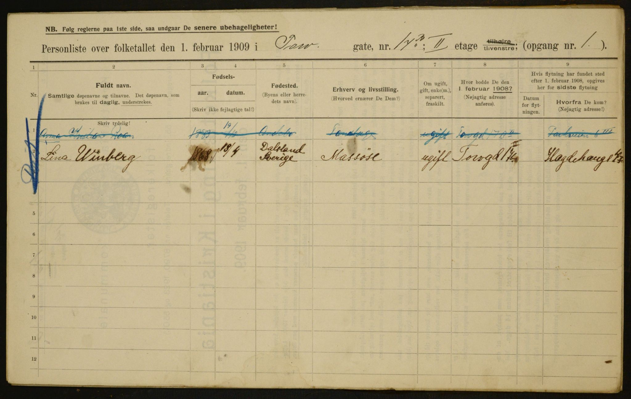 OBA, Kommunal folketelling 1.2.1909 for Kristiania kjøpstad, 1909, s. 103403
