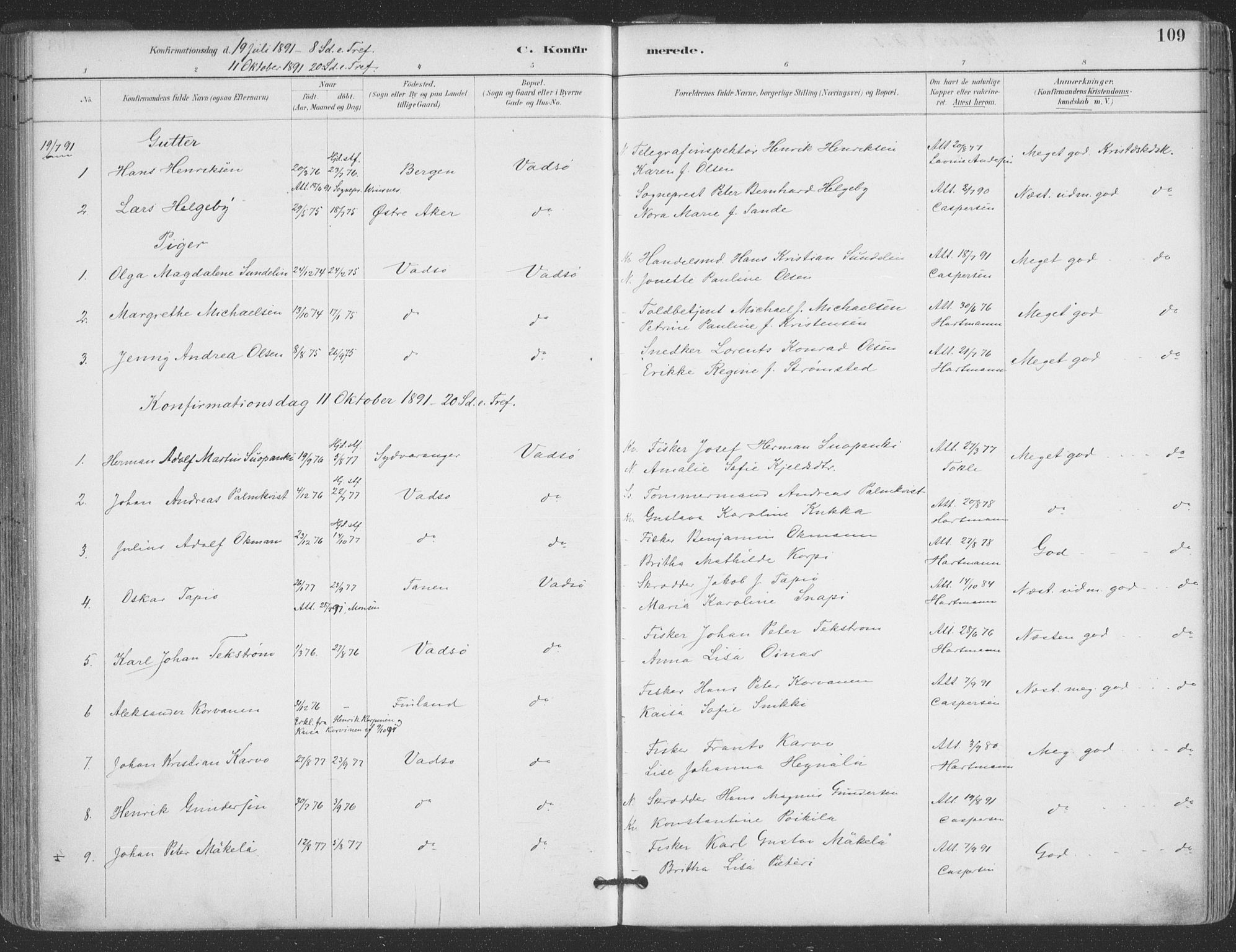 Vadsø sokneprestkontor, AV/SATØ-S-1325/H/Ha/L0006kirke: Ministerialbok nr. 6, 1885-1895, s. 109