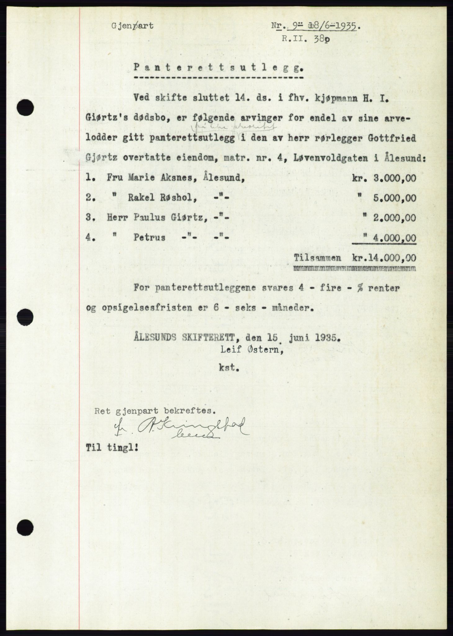 Ålesund byfogd, AV/SAT-A-4384: Pantebok nr. 32, 1934-1935, Tingl.dato: 18.06.1935