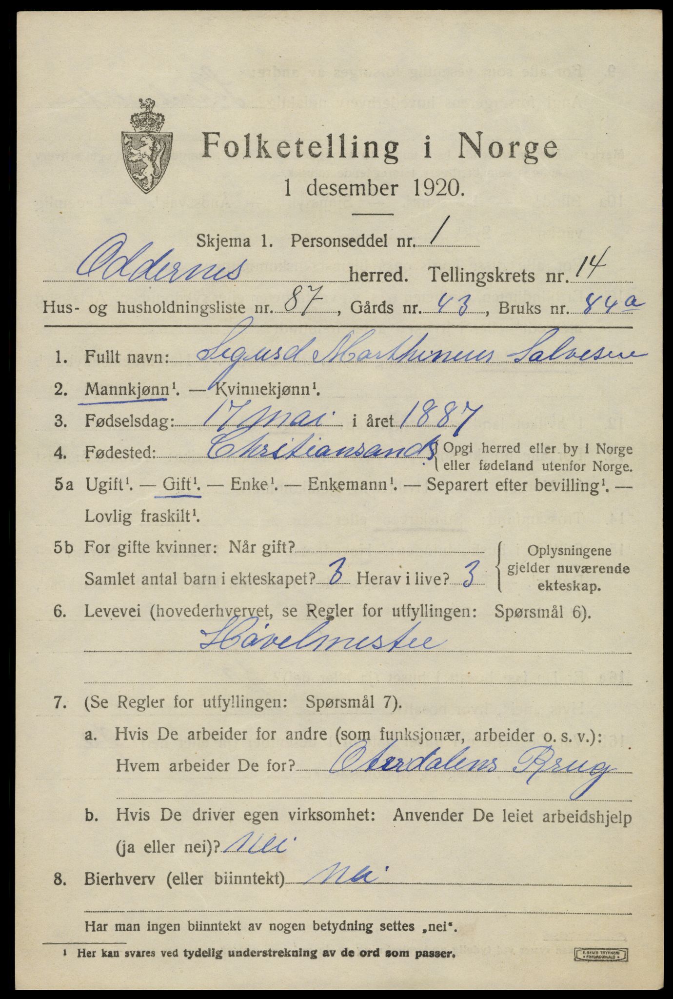 SAK, Folketelling 1920 for 1012 Oddernes herred, 1920, s. 9621