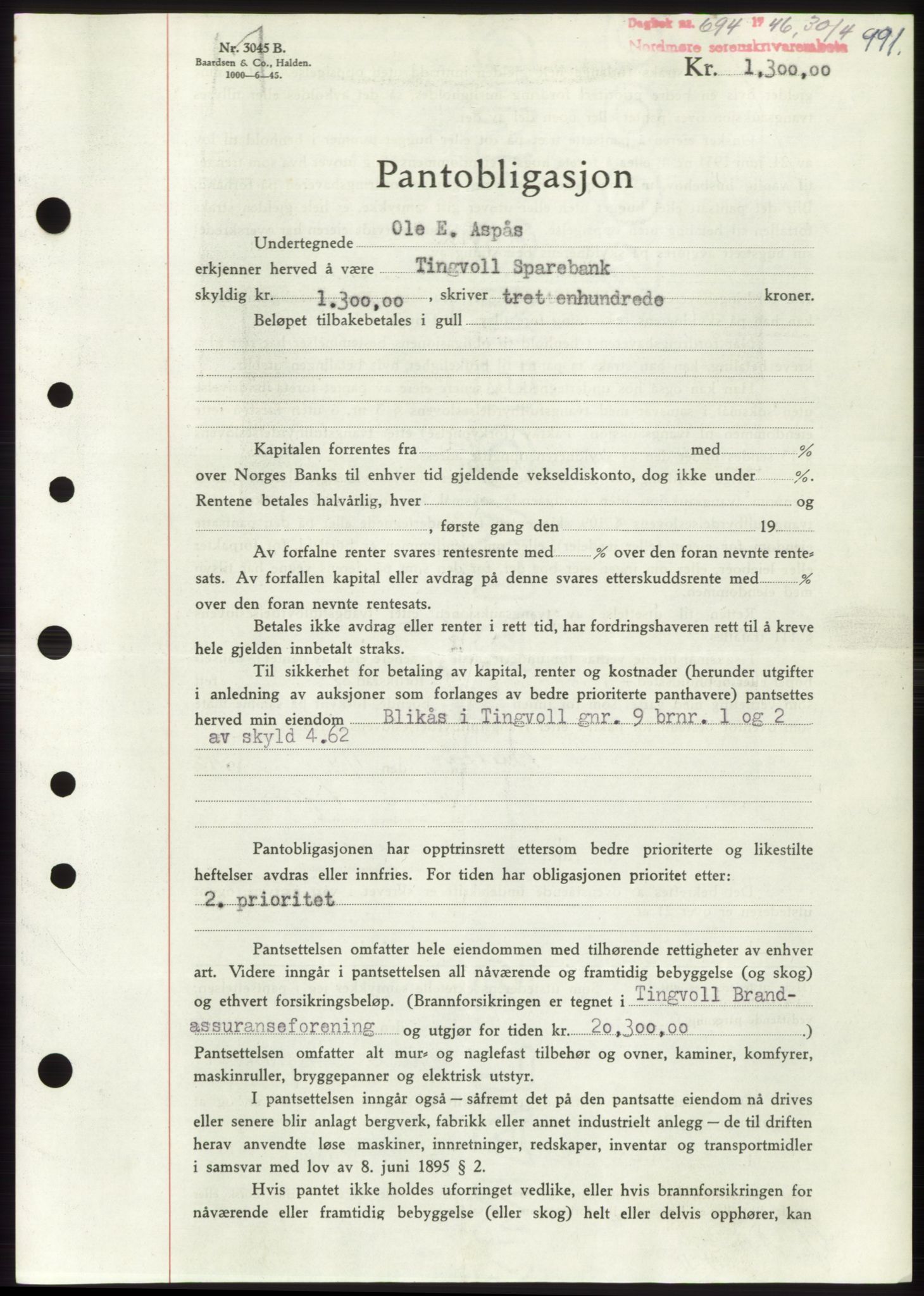 Nordmøre sorenskriveri, SAT/A-4132/1/2/2Ca: Pantebok nr. B93b, 1946-1946, Dagboknr: 694/1946