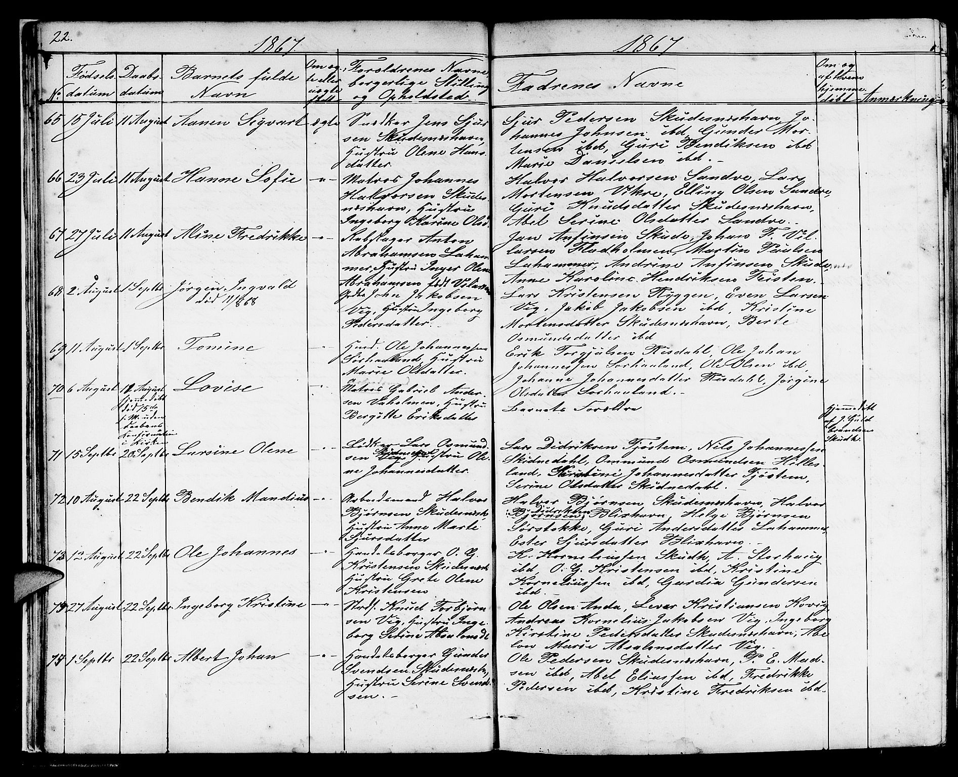 Skudenes sokneprestkontor, AV/SAST-A -101849/H/Ha/Hab/L0004: Klokkerbok nr. B 4, 1865-1884, s. 22