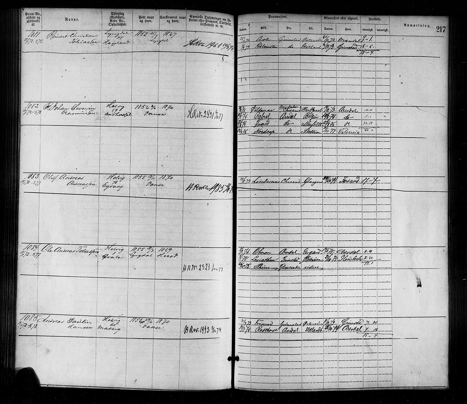 Farsund mønstringskrets, SAK/2031-0017/F/Fa/L0001: Annotasjonsrulle nr 1-1920 med register, M-1, 1869-1877, s. 247