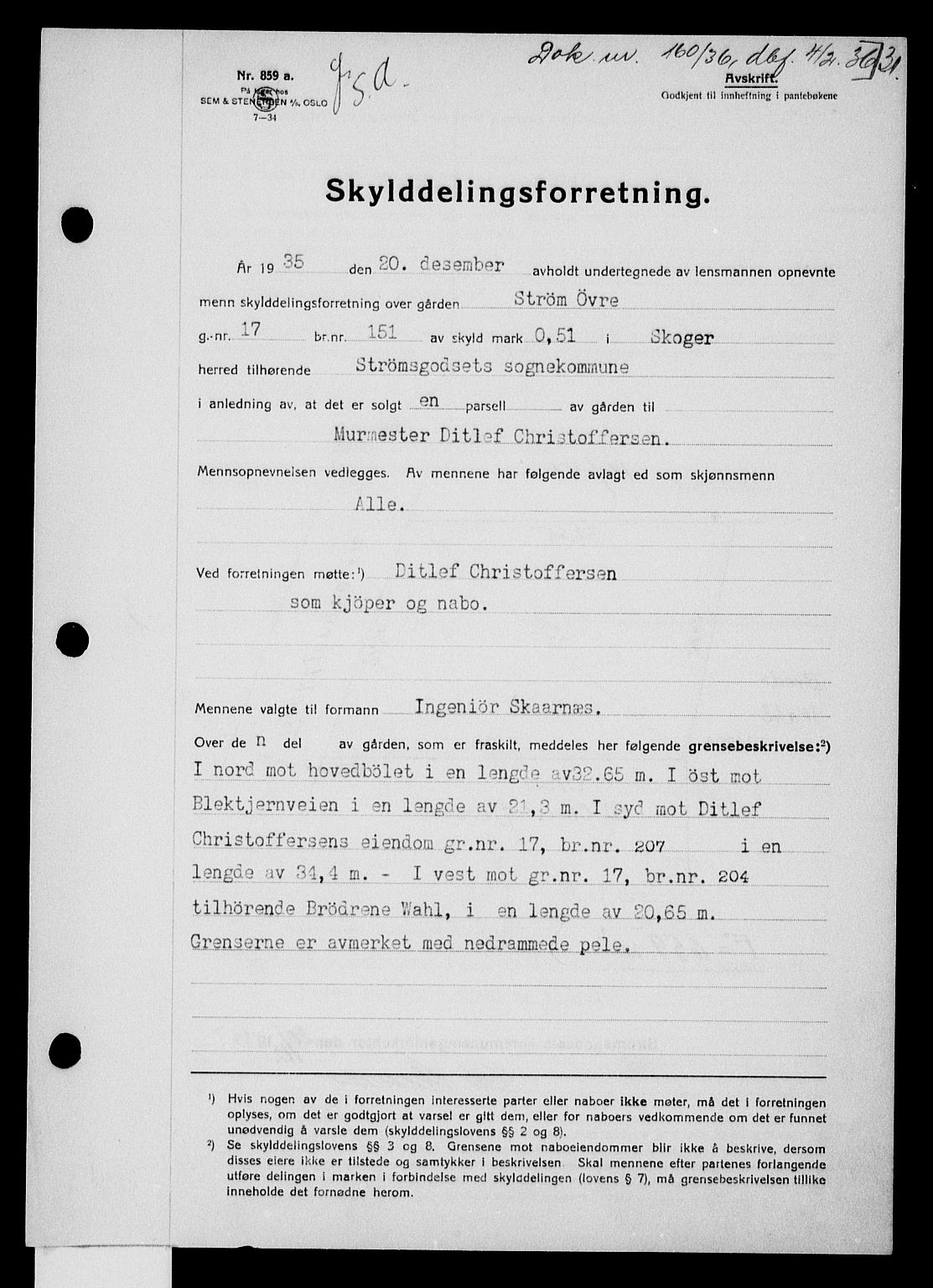 Holmestrand sorenskriveri, SAKO/A-67/G/Ga/Gaa/L0047: Pantebok nr. A-47, 1936-1936, Dagboknr: 160/1936