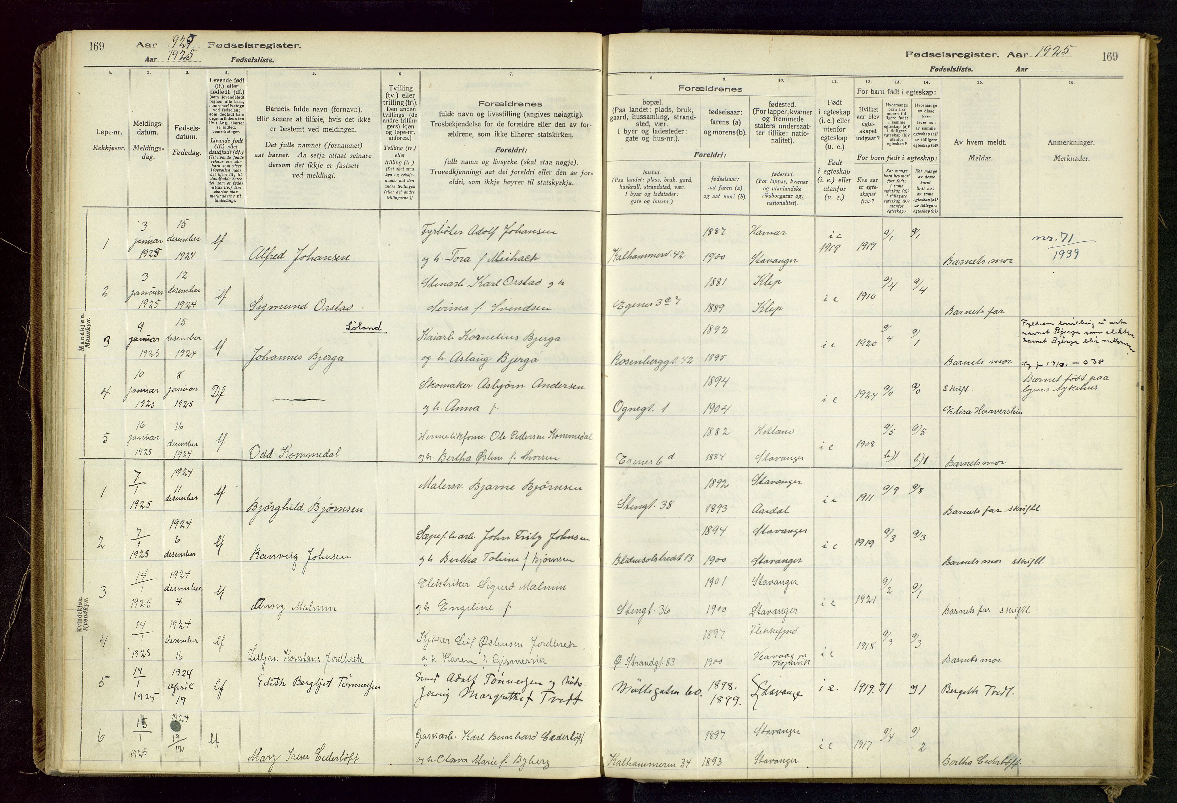 Domkirken sokneprestkontor, SAST/A-101812/002/B/L0002: Fødselsregister nr. 2, 1920-1925, s. 169