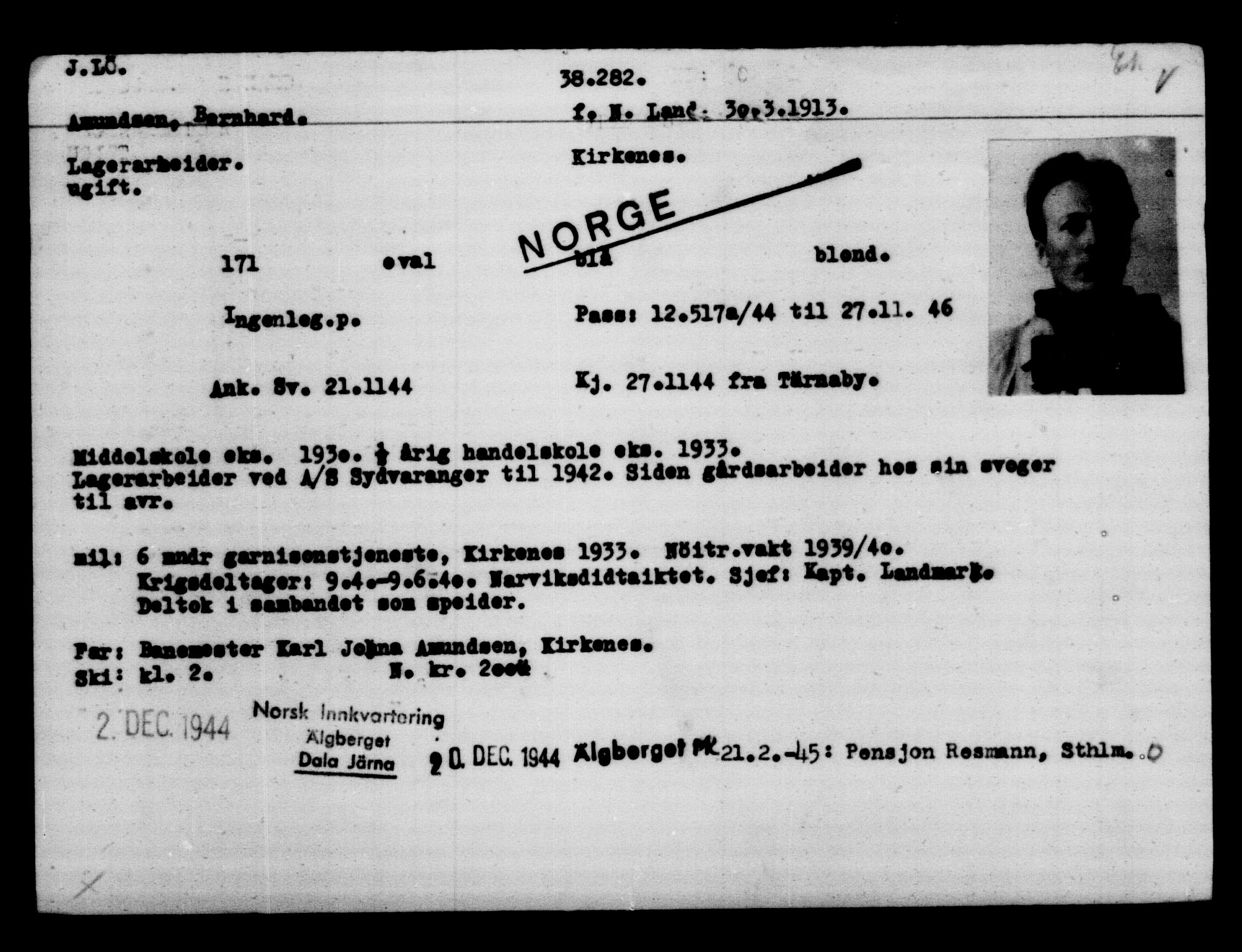 Utenriksstasjonene, Legasjonen i Stockholm, Flyktningkontoret, AV/RA-S-6753/V/Va/L0015: Kjesäterkartoteket, flyktninger med registreringsnr. 37800-40770, 1940-1945, s. 492