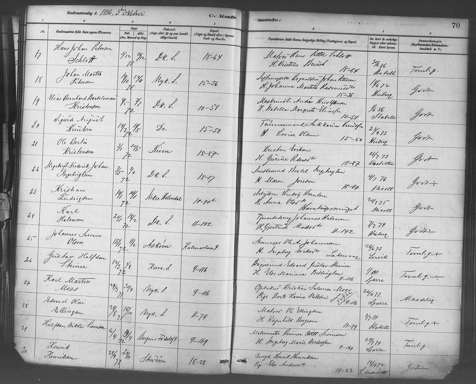 Domkirken sokneprestembete, AV/SAB-A-74801/H/Haa/L0030: Ministerialbok nr. C 5, 1880-1898, s. 70