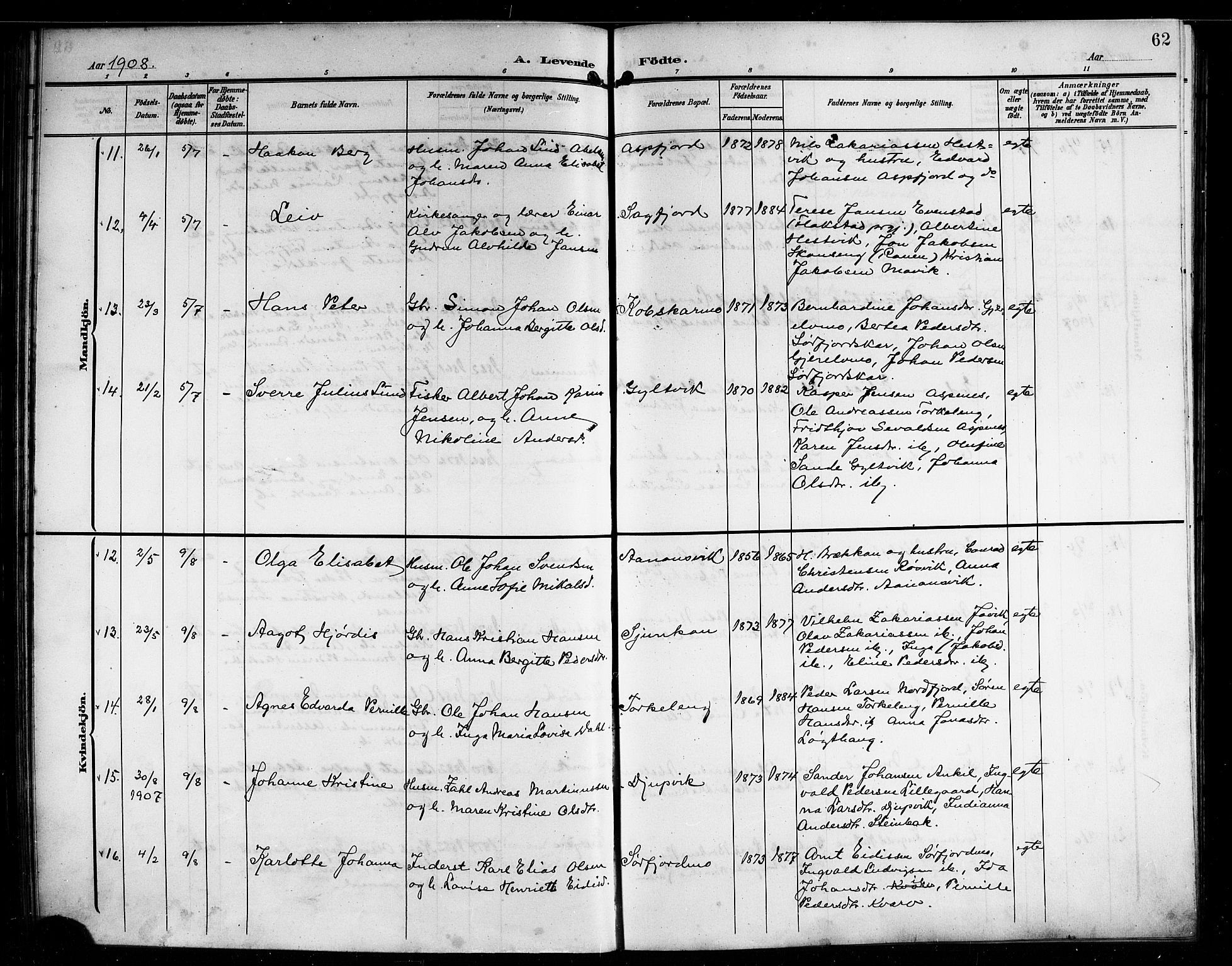 Ministerialprotokoller, klokkerbøker og fødselsregistre - Nordland, AV/SAT-A-1459/854/L0786: Klokkerbok nr. 854C02, 1901-1912, s. 62