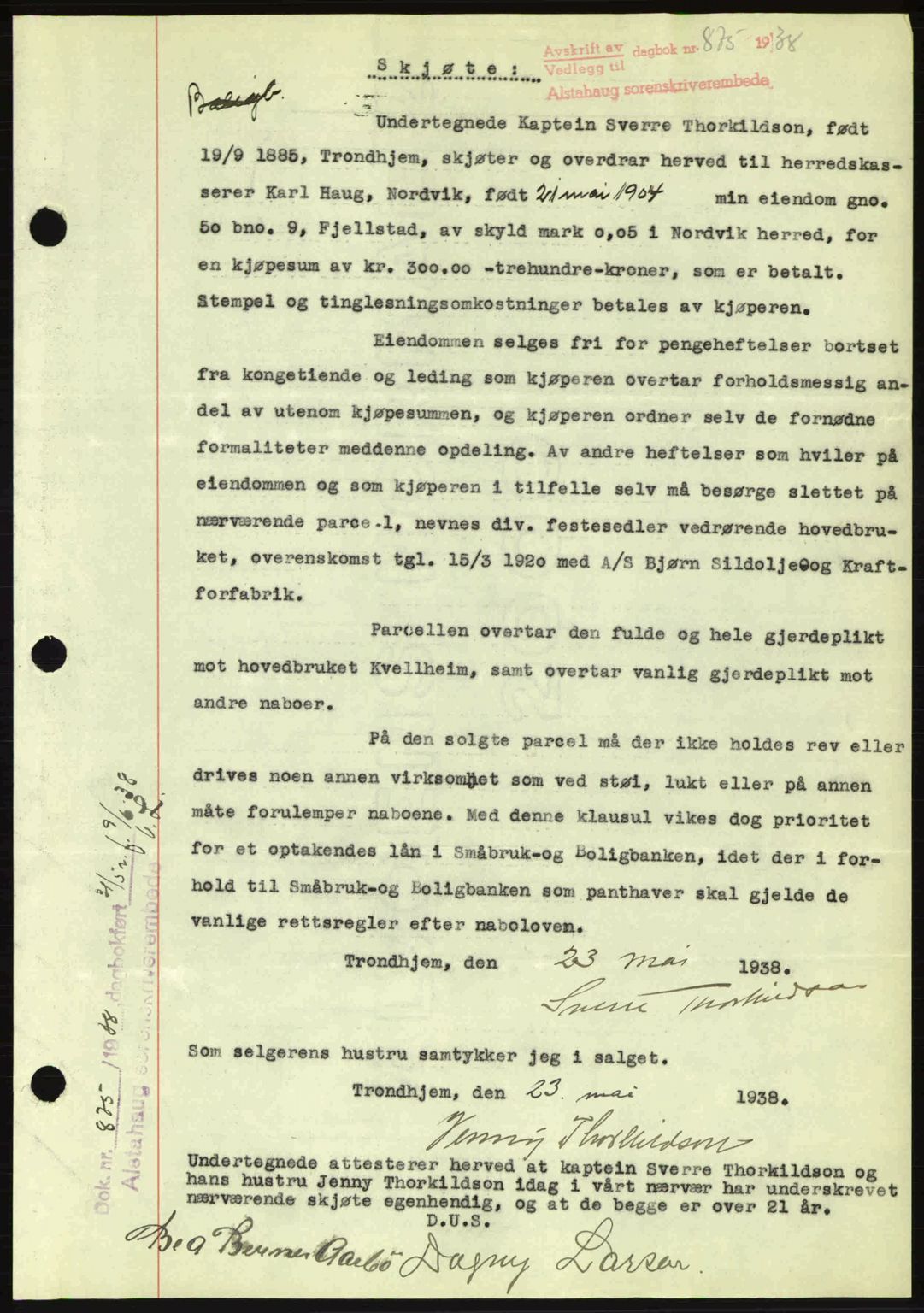 Alstahaug sorenskriveri, SAT/A-1009: Pantebok nr. A3, 1937-1938, Dagboknr: 875/1938