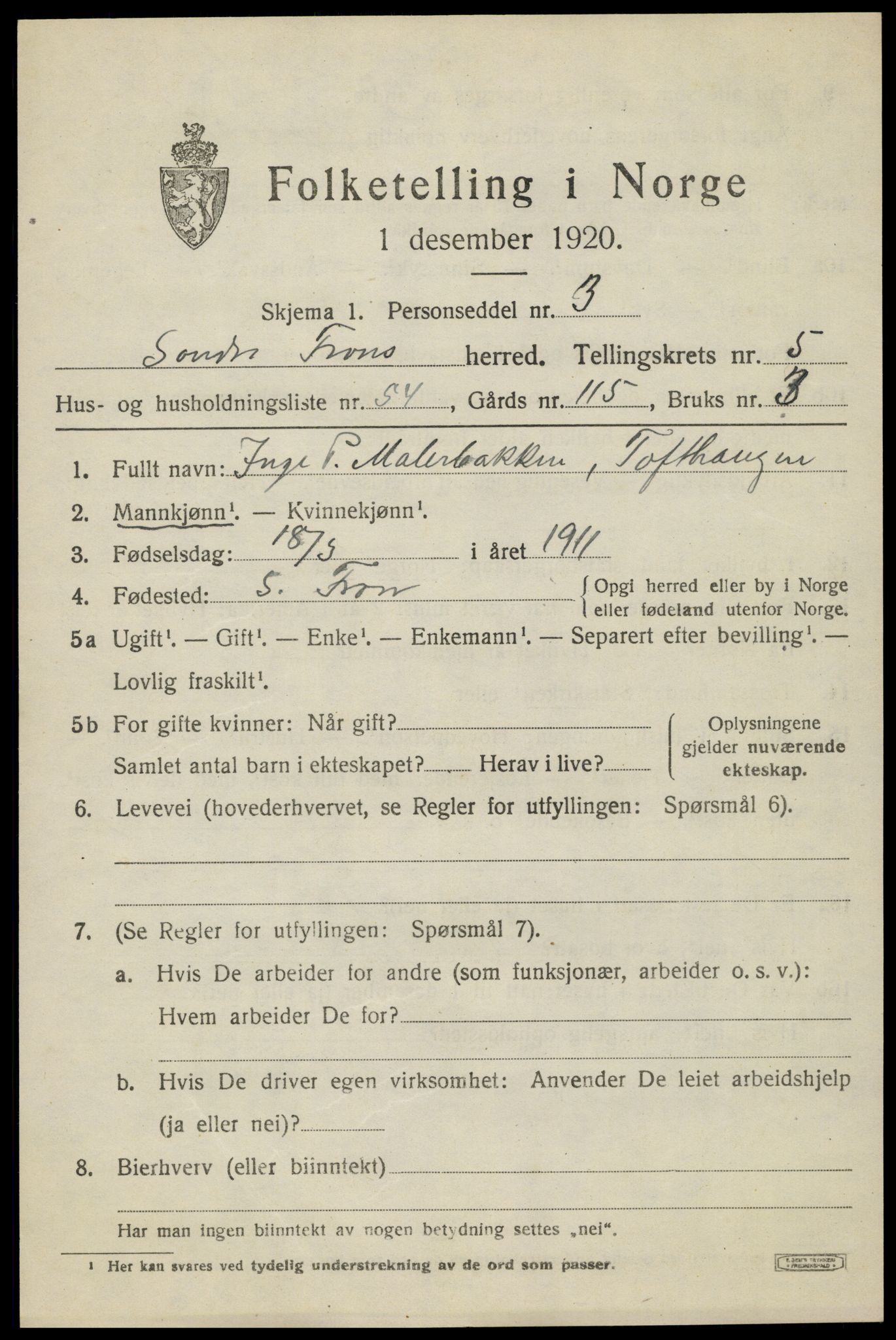 SAH, Folketelling 1920 for 0519 Sør-Fron herred, 1920, s. 6025