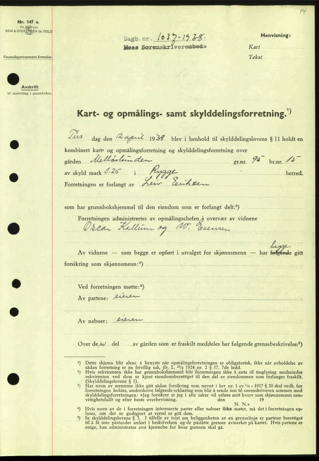 Moss sorenskriveri, SAO/A-10168: Pantebok nr. A4, 1938-1938, Dagboknr: 1037/1938