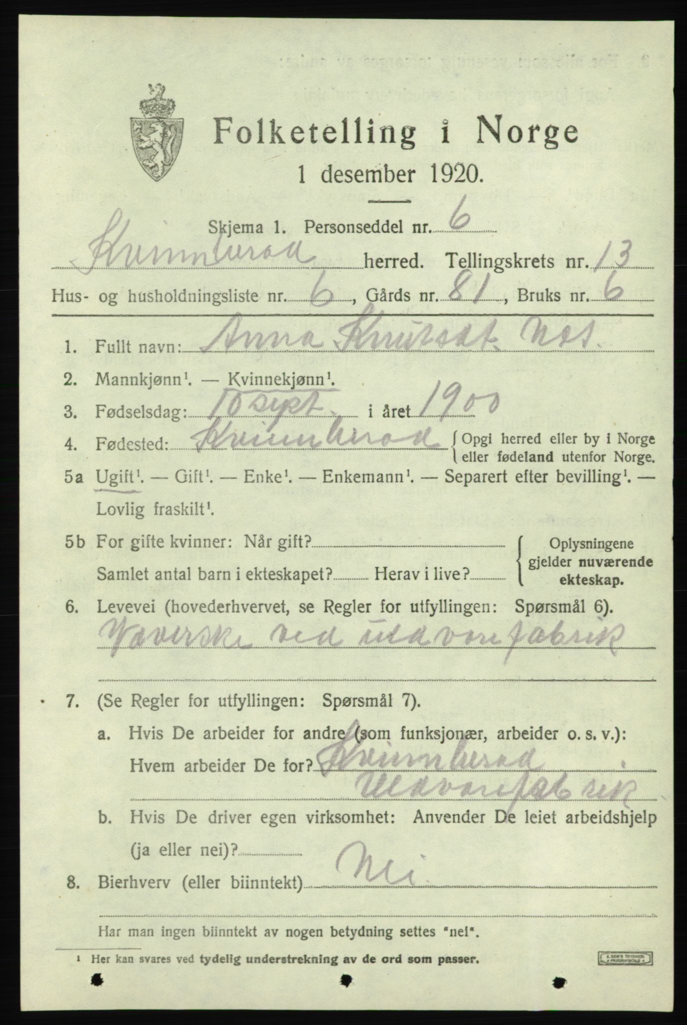 SAB, Folketelling 1920 for 1224 Kvinnherad herred, 1920, s. 7688