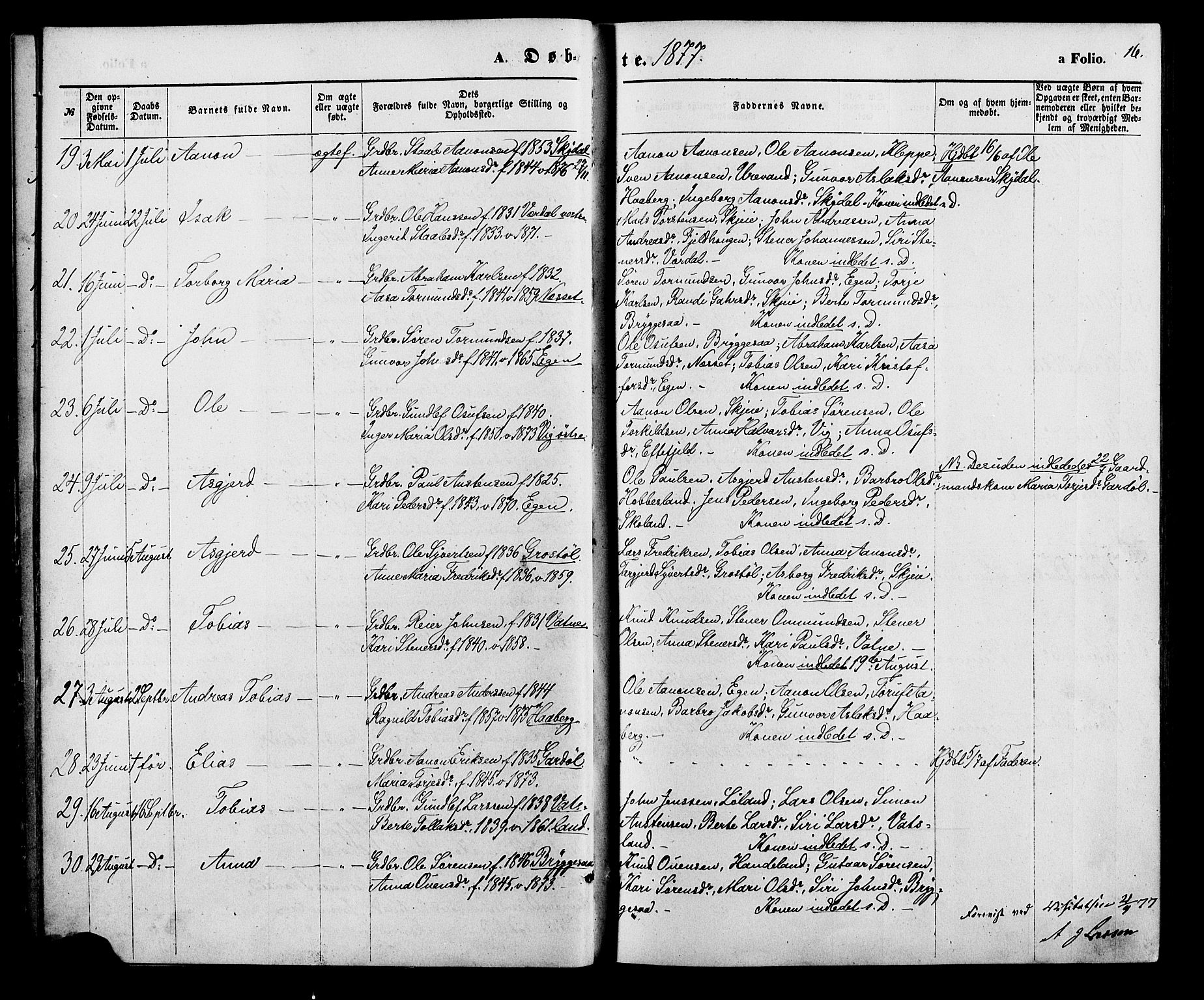 Hægebostad sokneprestkontor, AV/SAK-1111-0024/F/Fa/Fab/L0003: Ministerialbok nr. A 3, 1872-1886, s. 16