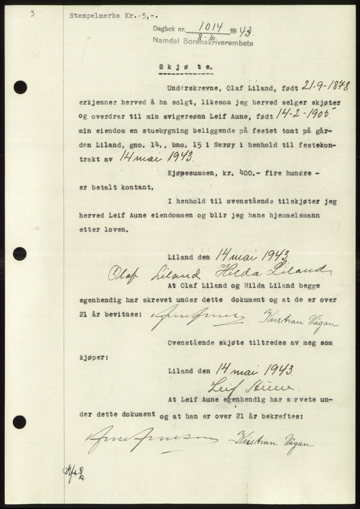 Namdal sorenskriveri, AV/SAT-A-4133/1/2/2C: Pantebok nr. -, 1943-1944, Dagboknr: 1014/1943