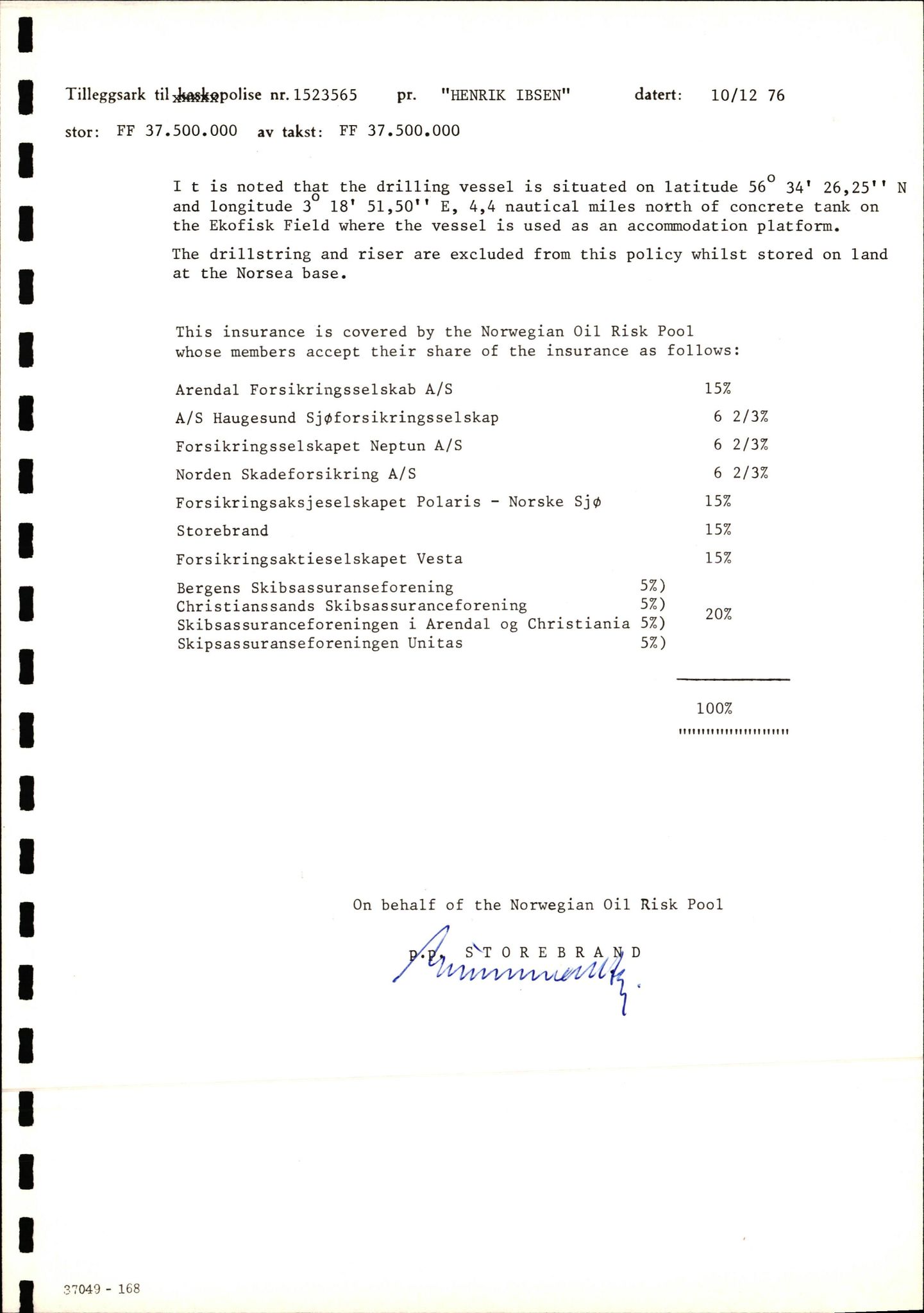 Pa 1503 - Stavanger Drilling AS, AV/SAST-A-101906/2/E/Ec/Eca/L0009: Forsikring, 1975-1980