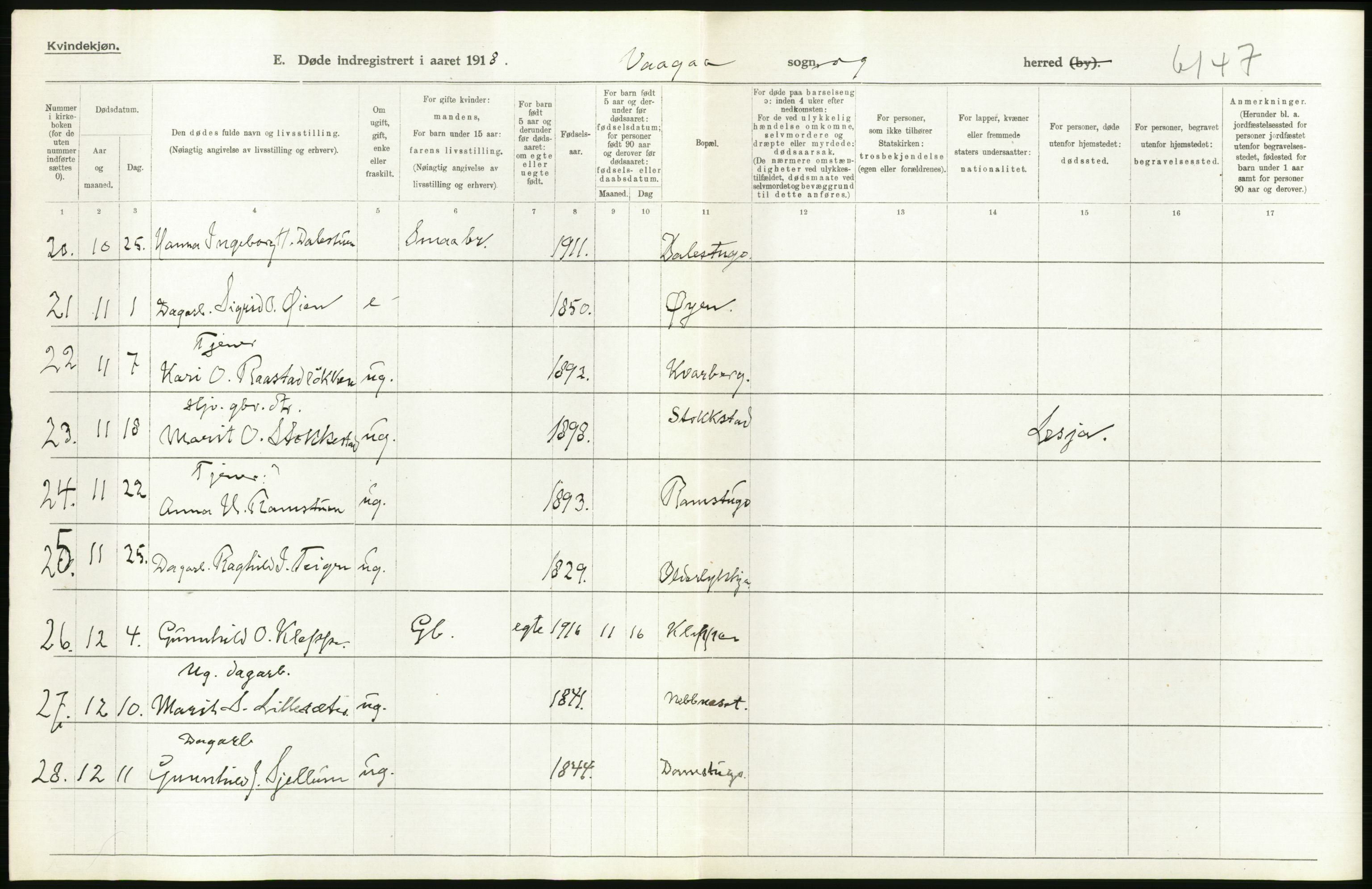 Statistisk sentralbyrå, Sosiodemografiske emner, Befolkning, RA/S-2228/D/Df/Dfb/Dfbh/L0017: Oppland fylke: Døde. Bygder og byer., 1918, s. 126