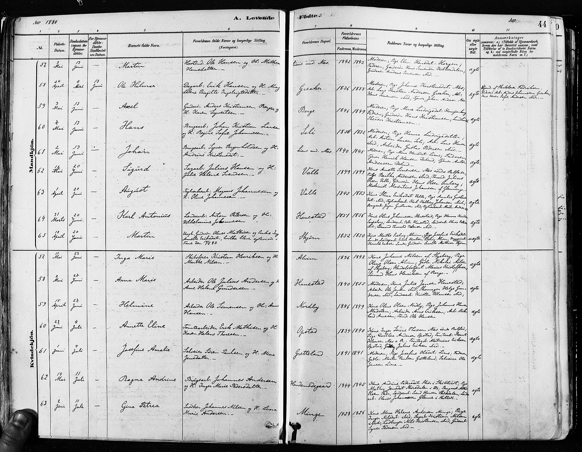 Tune prestekontor Kirkebøker, AV/SAO-A-2007/F/Fa/L0017: Ministerialbok nr. 17, 1878-1887, s. 44