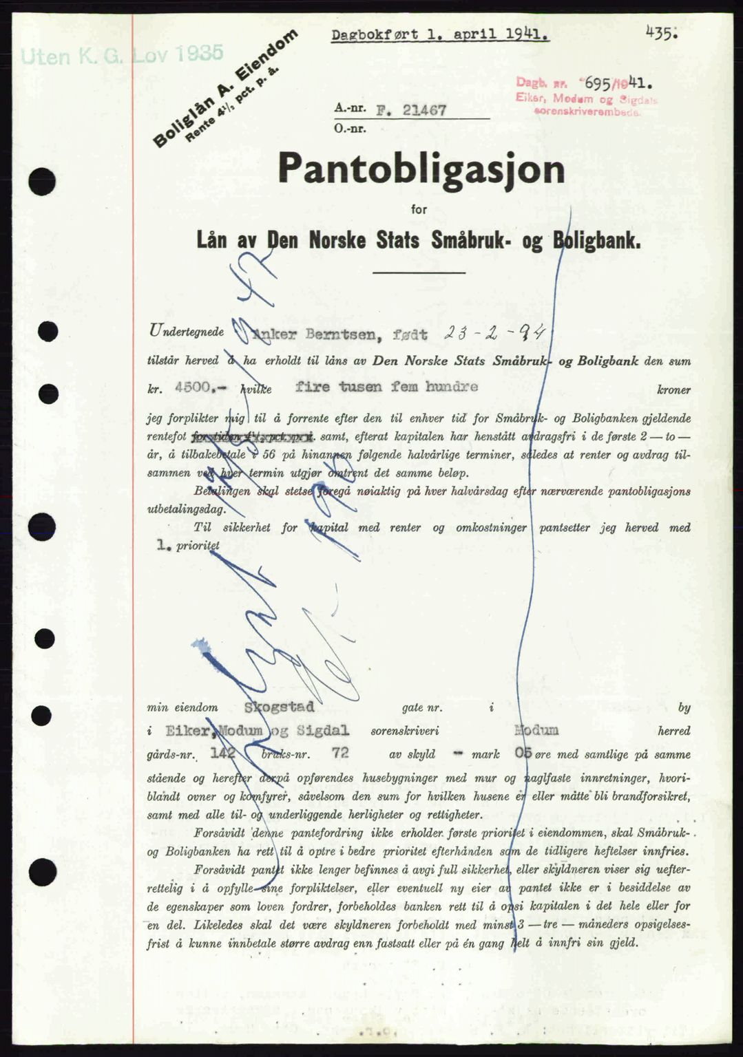 Eiker, Modum og Sigdal sorenskriveri, SAKO/A-123/G/Ga/Gab/L0043: Pantebok nr. A13, 1940-1941, Dagboknr: 695/1941
