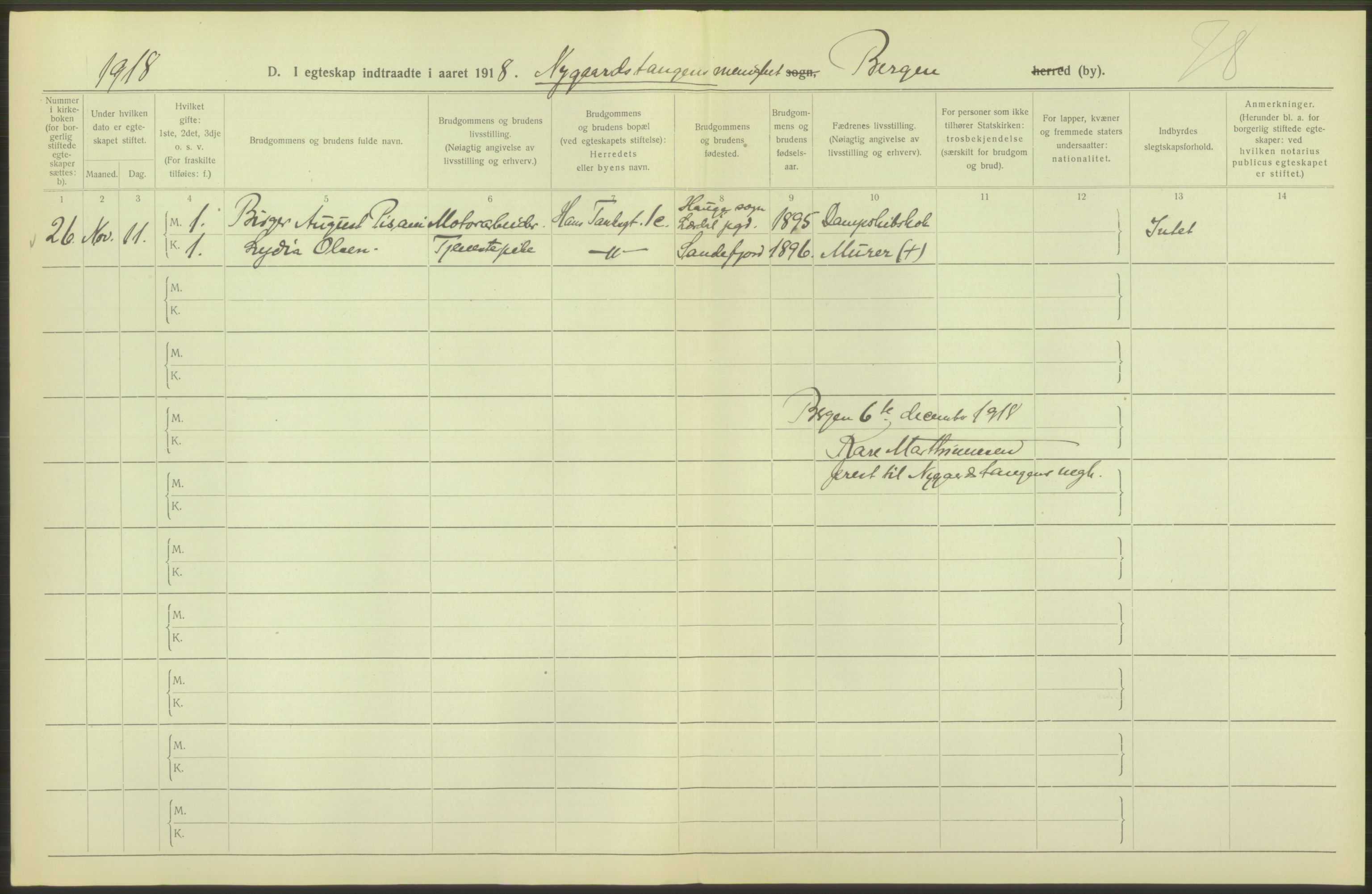 Statistisk sentralbyrå, Sosiodemografiske emner, Befolkning, AV/RA-S-2228/D/Df/Dfb/Dfbh/L0038: Bergen: Gifte, dødfødte., 1918, s. 24