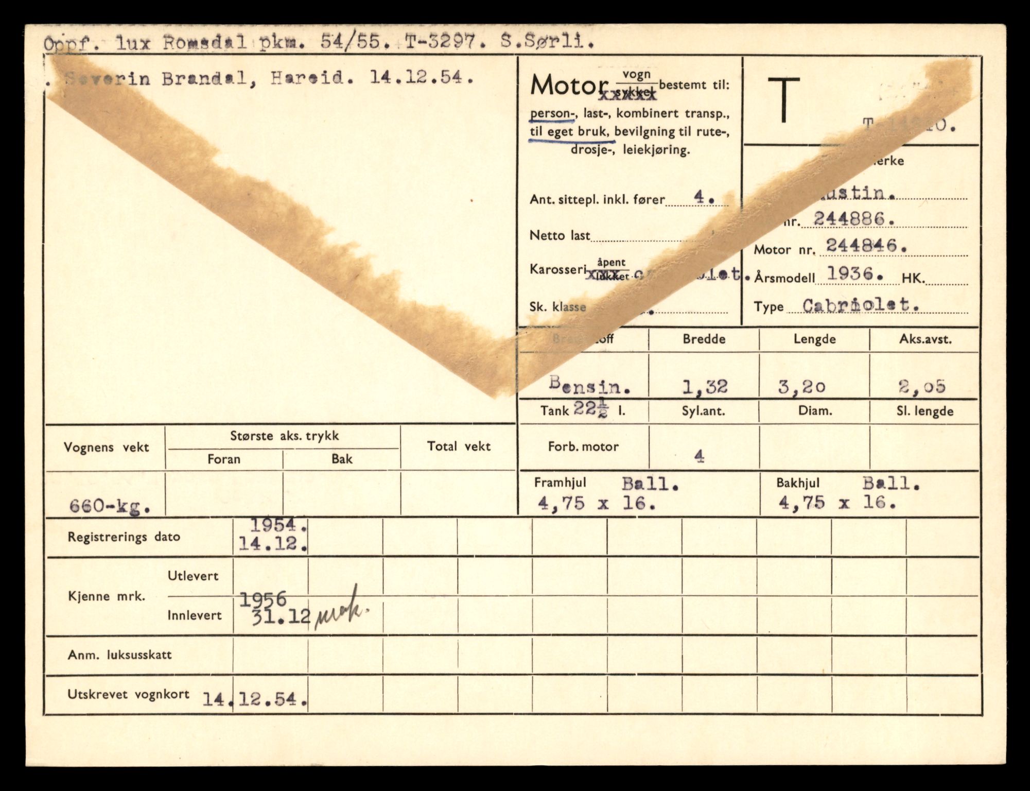 Møre og Romsdal vegkontor - Ålesund trafikkstasjon, AV/SAT-A-4099/F/Fe/L0044: Registreringskort for kjøretøy T 14205 - T 14319, 1927-1998, s. 1060