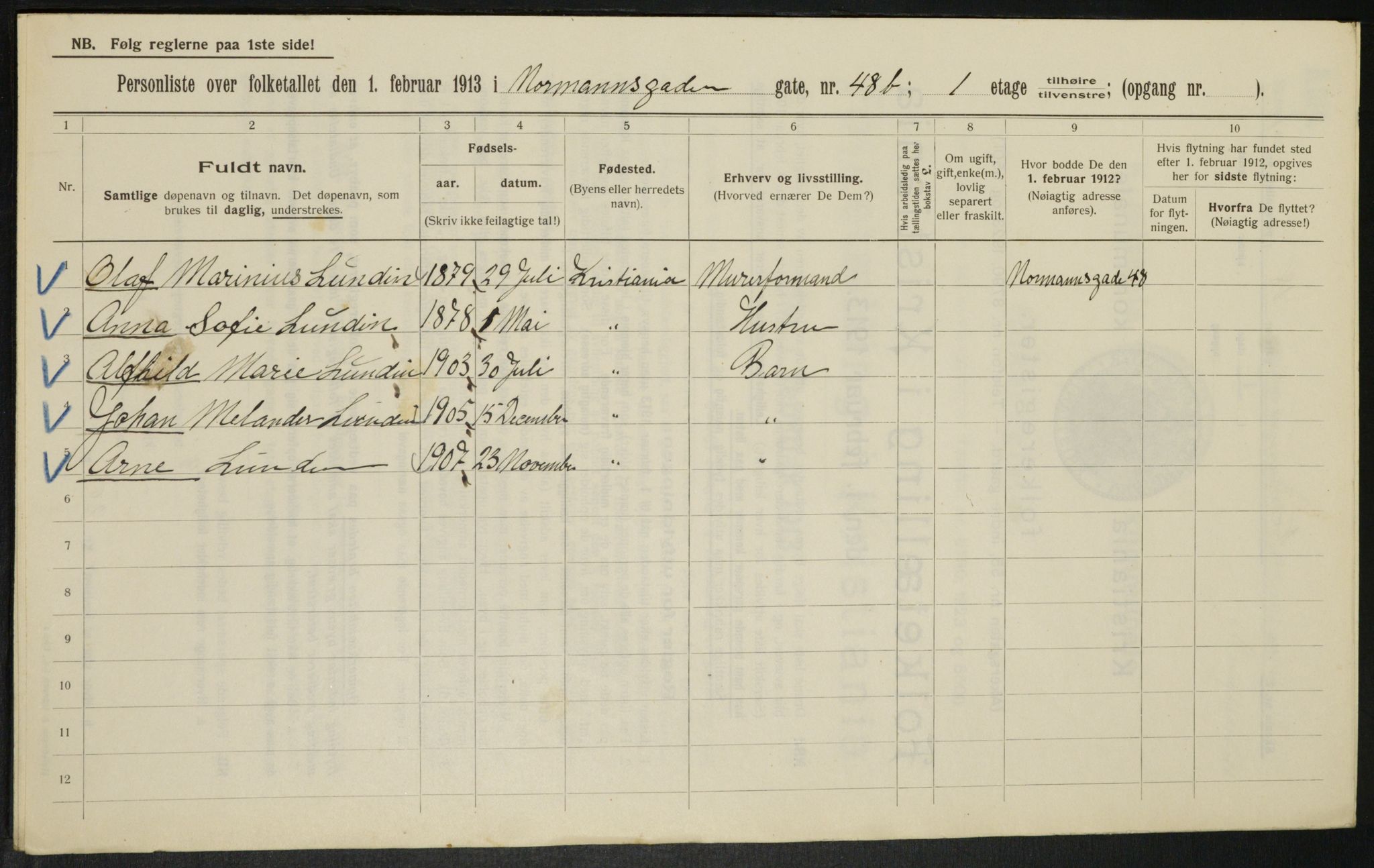 OBA, Kommunal folketelling 1.2.1913 for Kristiania, 1913, s. 74000