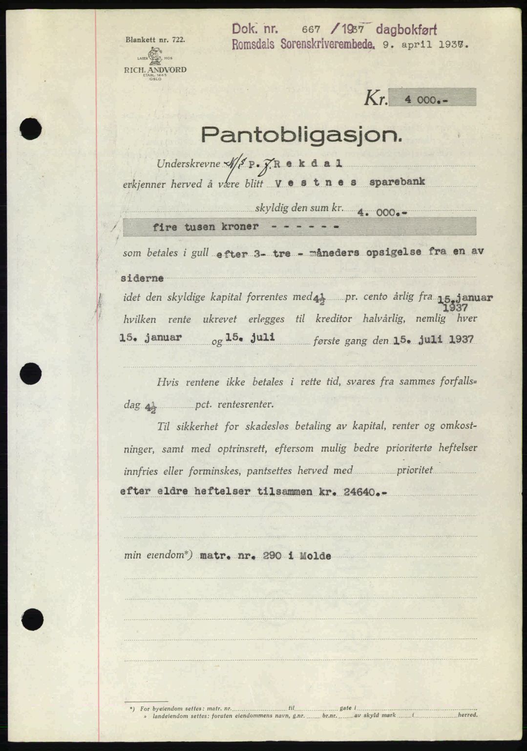 Romsdal sorenskriveri, SAT/A-4149/1/2/2C: Pantebok nr. B1, 1936-1939, Dagboknr: 667/1937