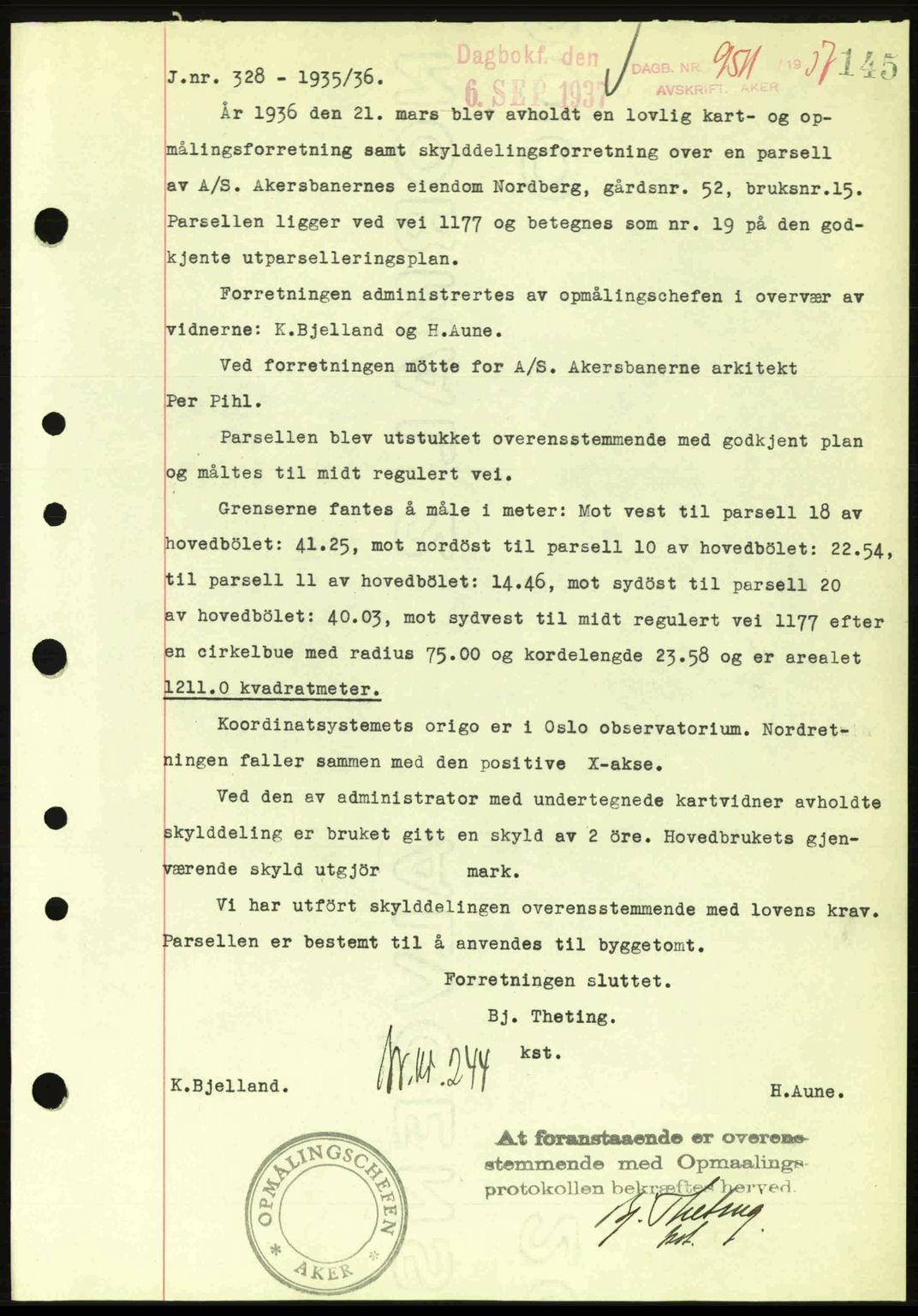 Aker herredsskriveri, SAO/A-10896/G/Gb/Gba/Gbab/L0017: Pantebok nr. A148, 1937-1937, Dagboknr: 9511/1937